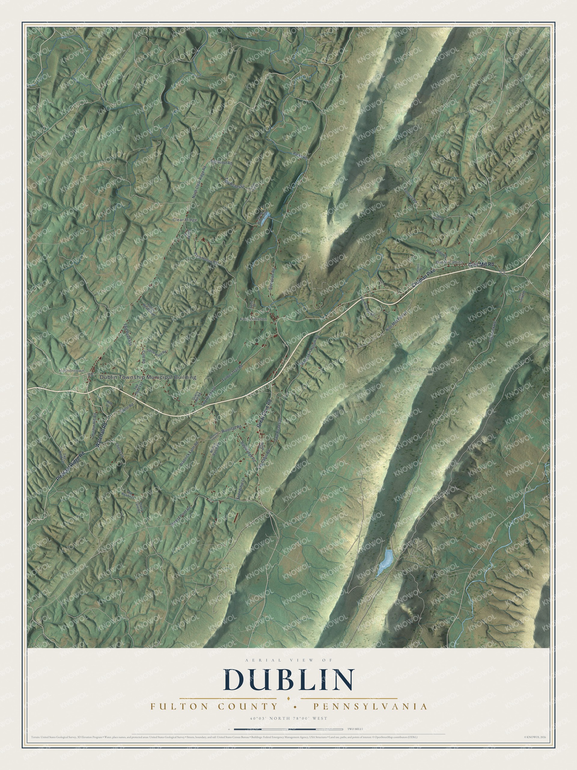 Full map of Dublin, Fulton County, Pennsylvania, with red buildings, printed street names and the land around them