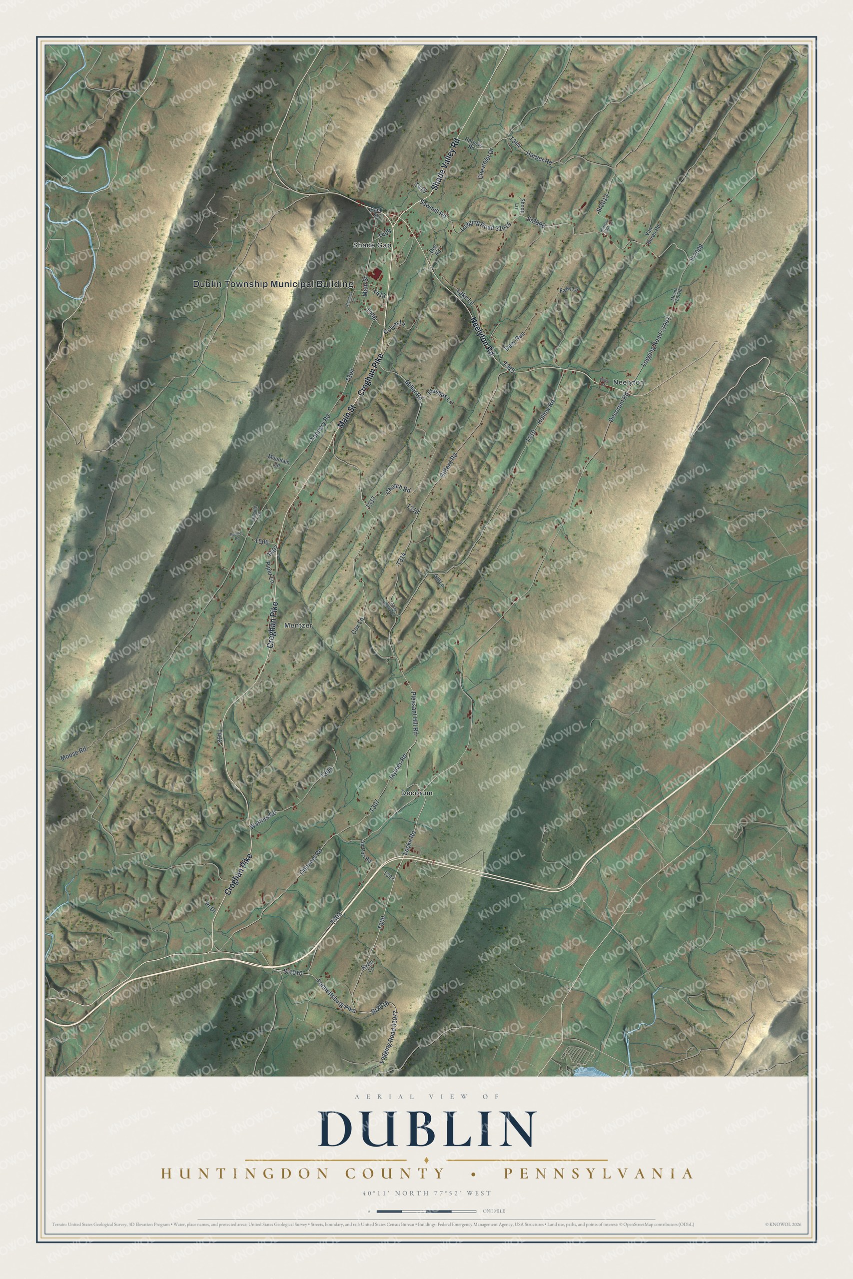 Full map of Dublin, Huntingdon County, Pennsylvania, with red buildings, printed street names and the land around them