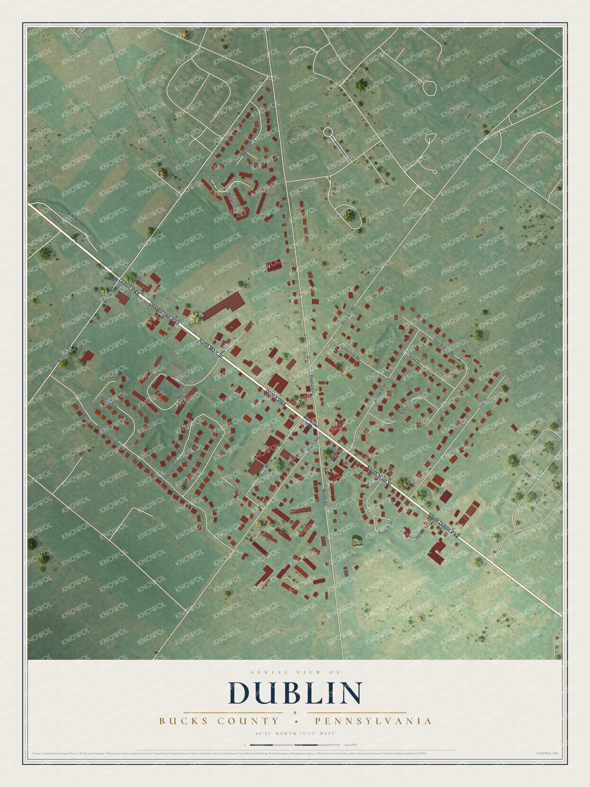 Full map of Dublin, Bucks County, Pennsylvania, with red buildings, printed street names and the land around them