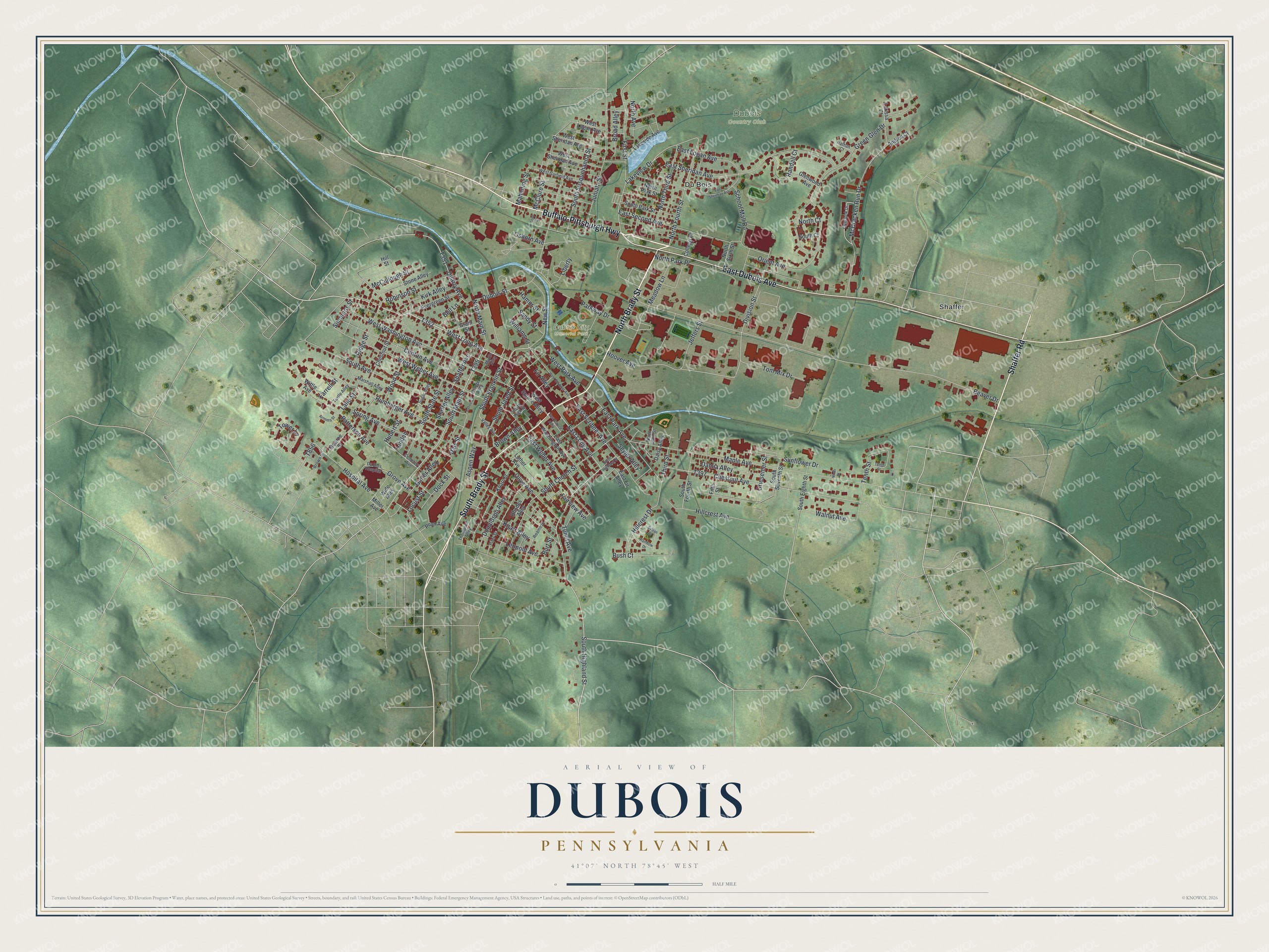 Full map of DuBois, Pennsylvania, with red buildings, printed street names and the land around them