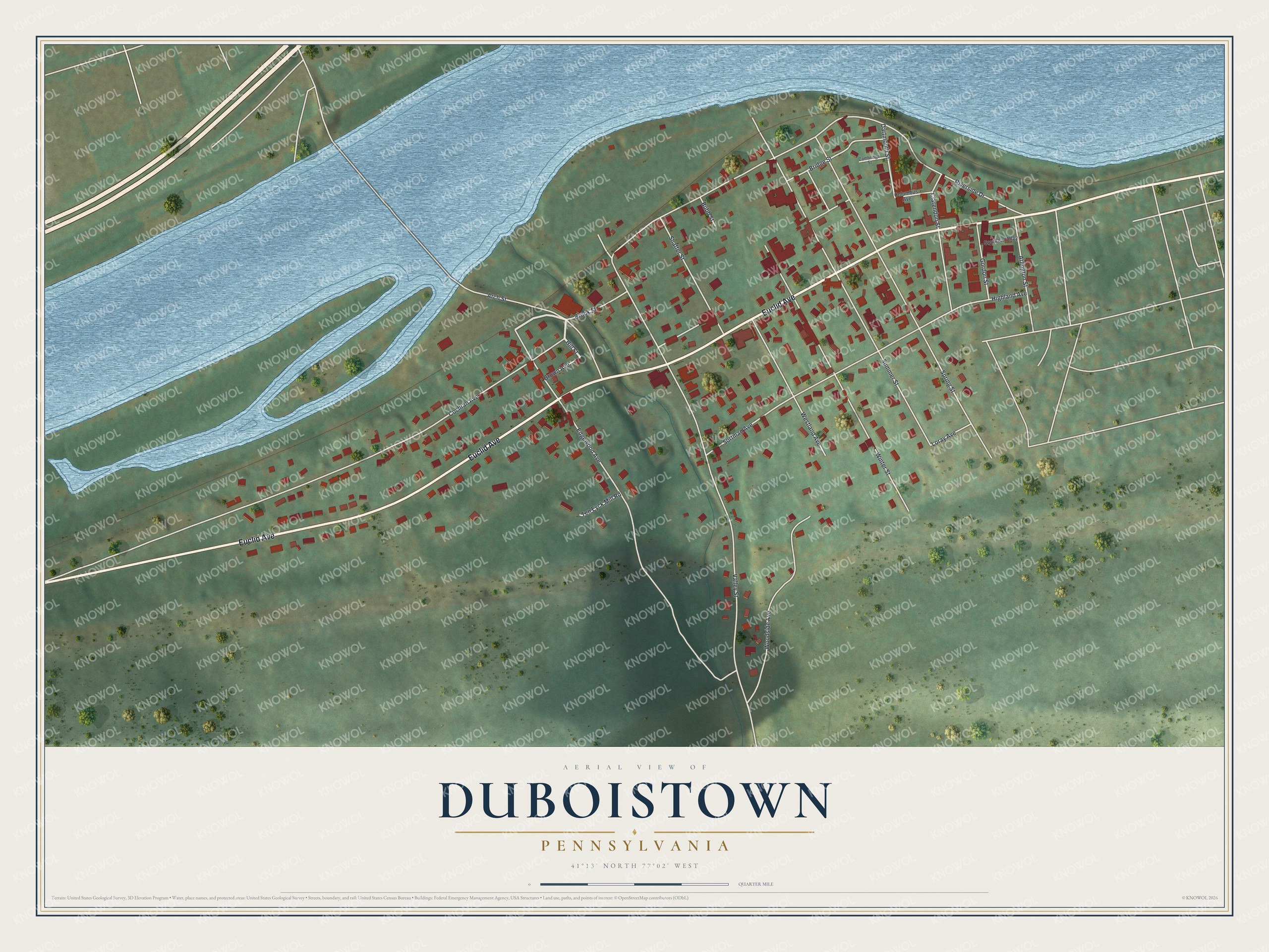 Aerial-style map of Duboistown, Pennsylvania, with red buildings between a wide blue river and green hills