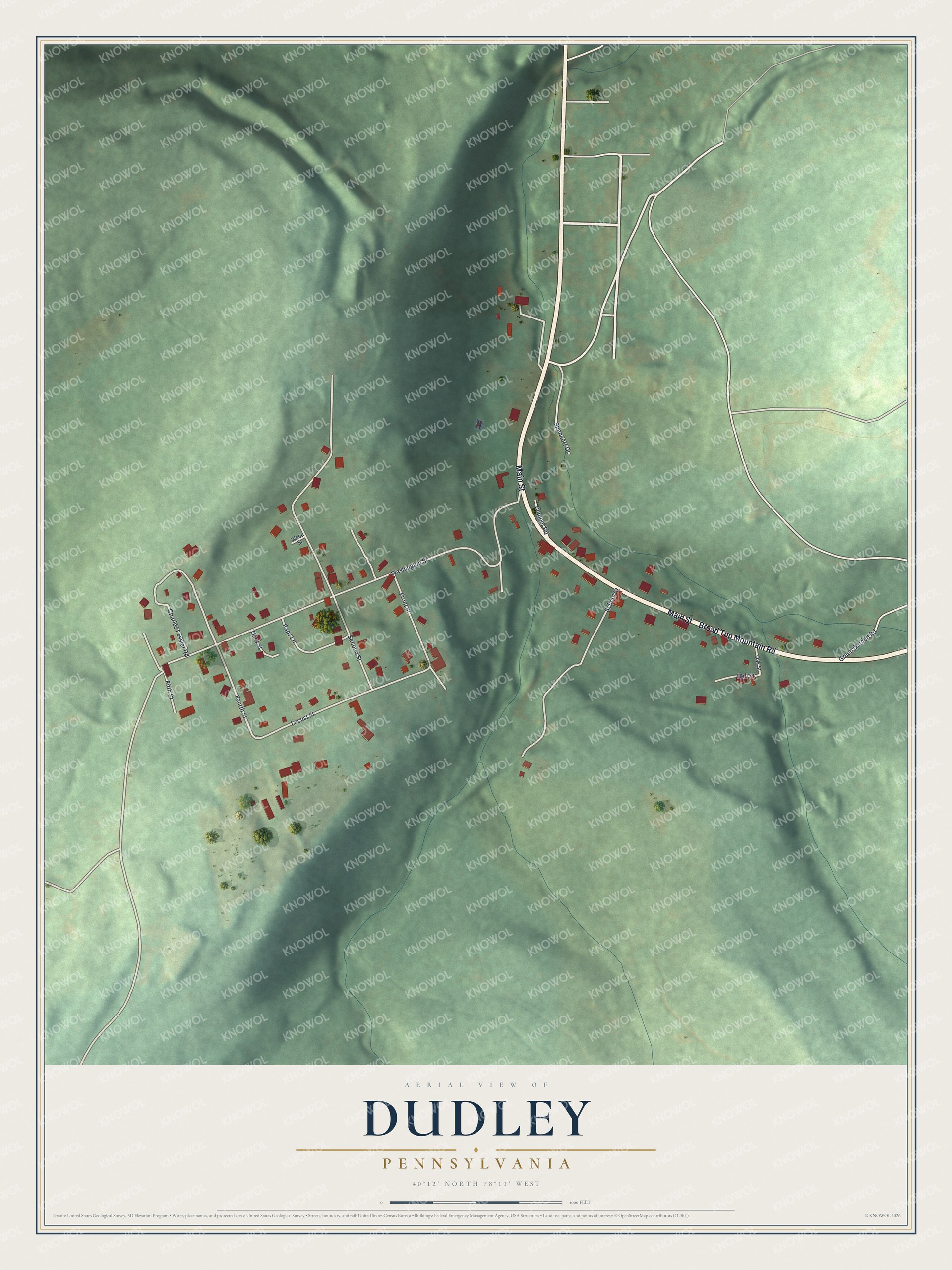 Full map of Dudley, Pennsylvania, with red buildings, printed street names and the land around them
