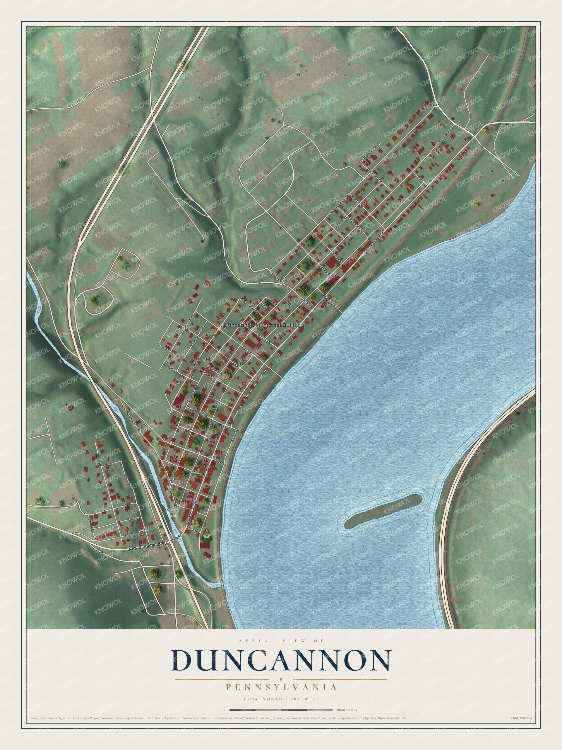 Full map of Duncannon, Pennsylvania, with red buildings, printed street names and the land around them