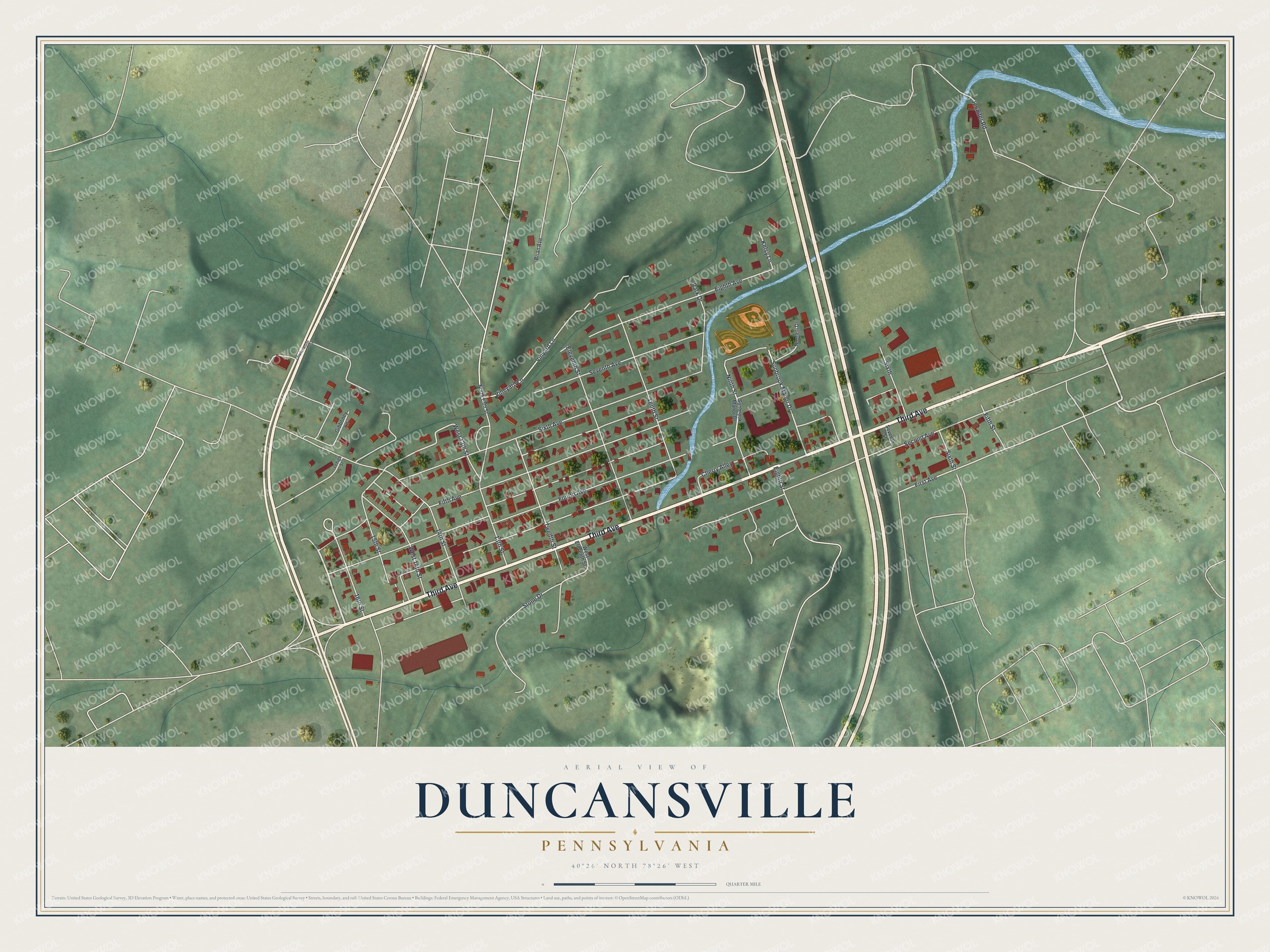 Full map of Duncansville, Pennsylvania, with red buildings, printed street names and the land around them