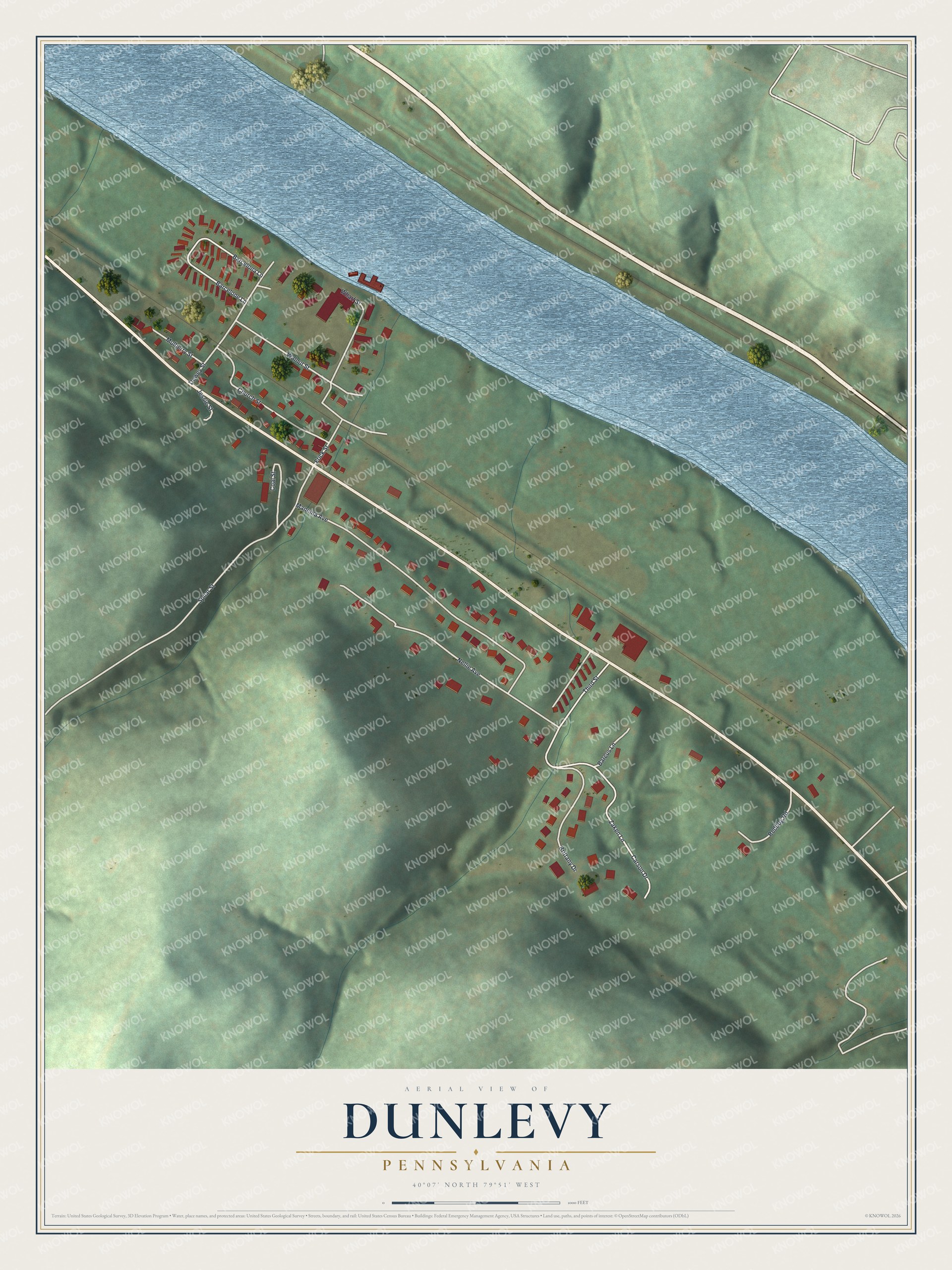 Full map of Dunlevy, Pennsylvania, with red buildings, printed street names and the land around them