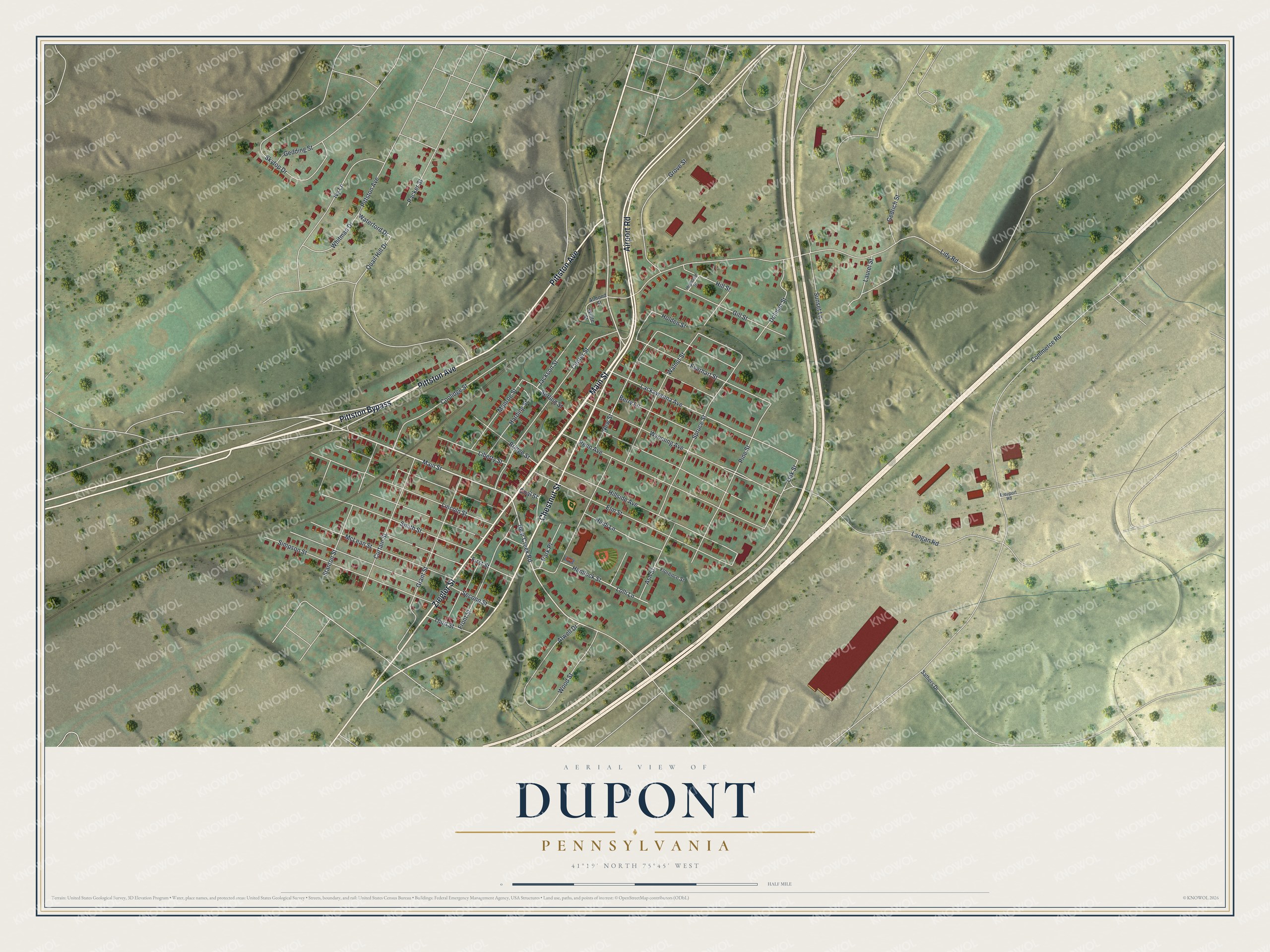 Full map of Dupont, Pennsylvania, with red buildings, printed street names and the land around them