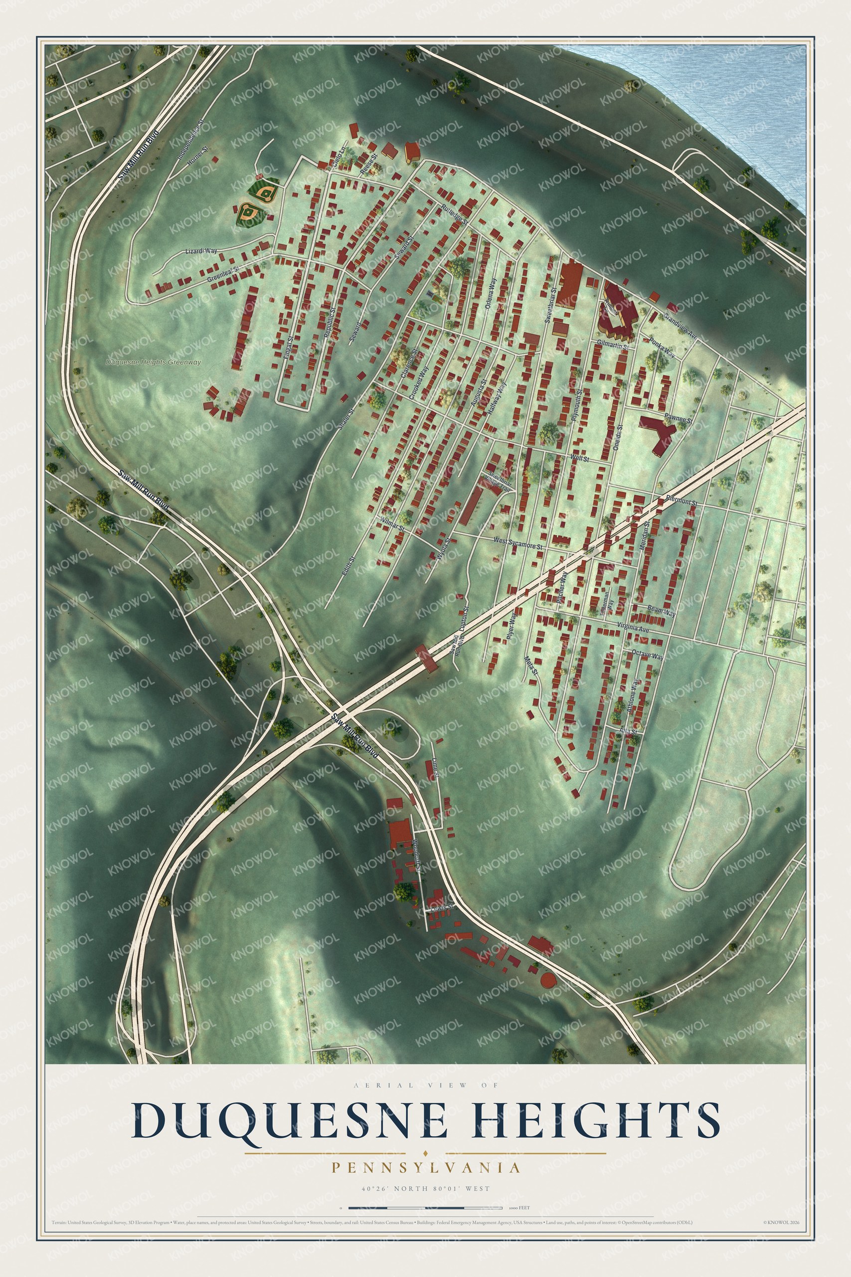 Aerial-style map of Duquesne Heights, Pennsylvania, with red buildings on green hills and a blue river in the top corner