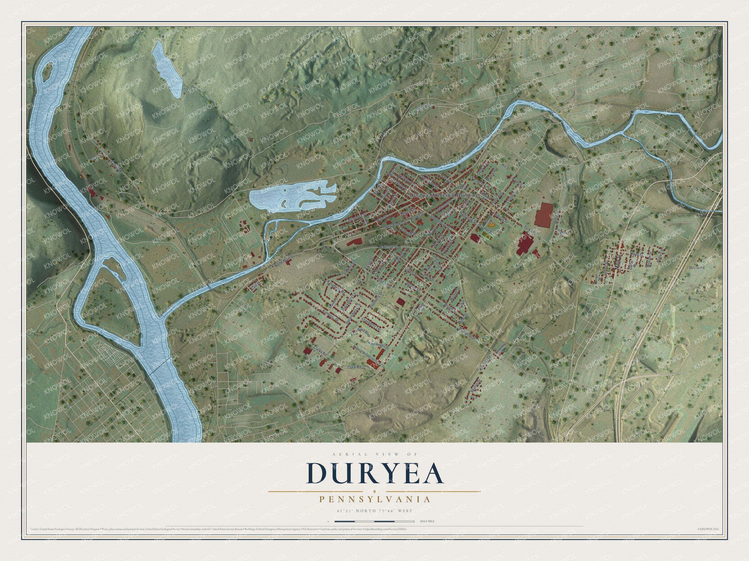 Full map of Duryea, Pennsylvania, with red buildings, printed street names and the land around them