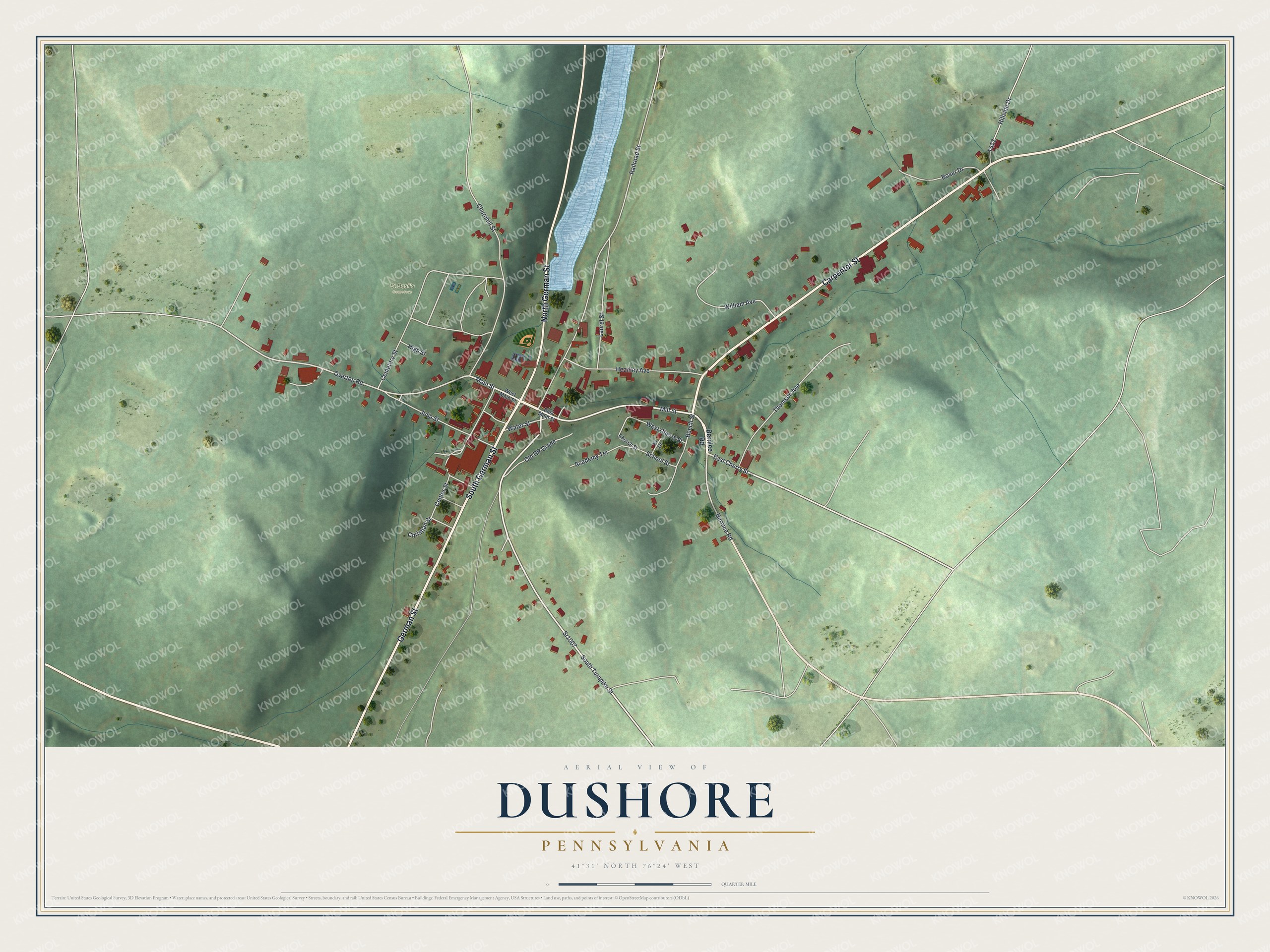 Full map of Dushore, Pennsylvania, with red buildings, printed street names and the land around them