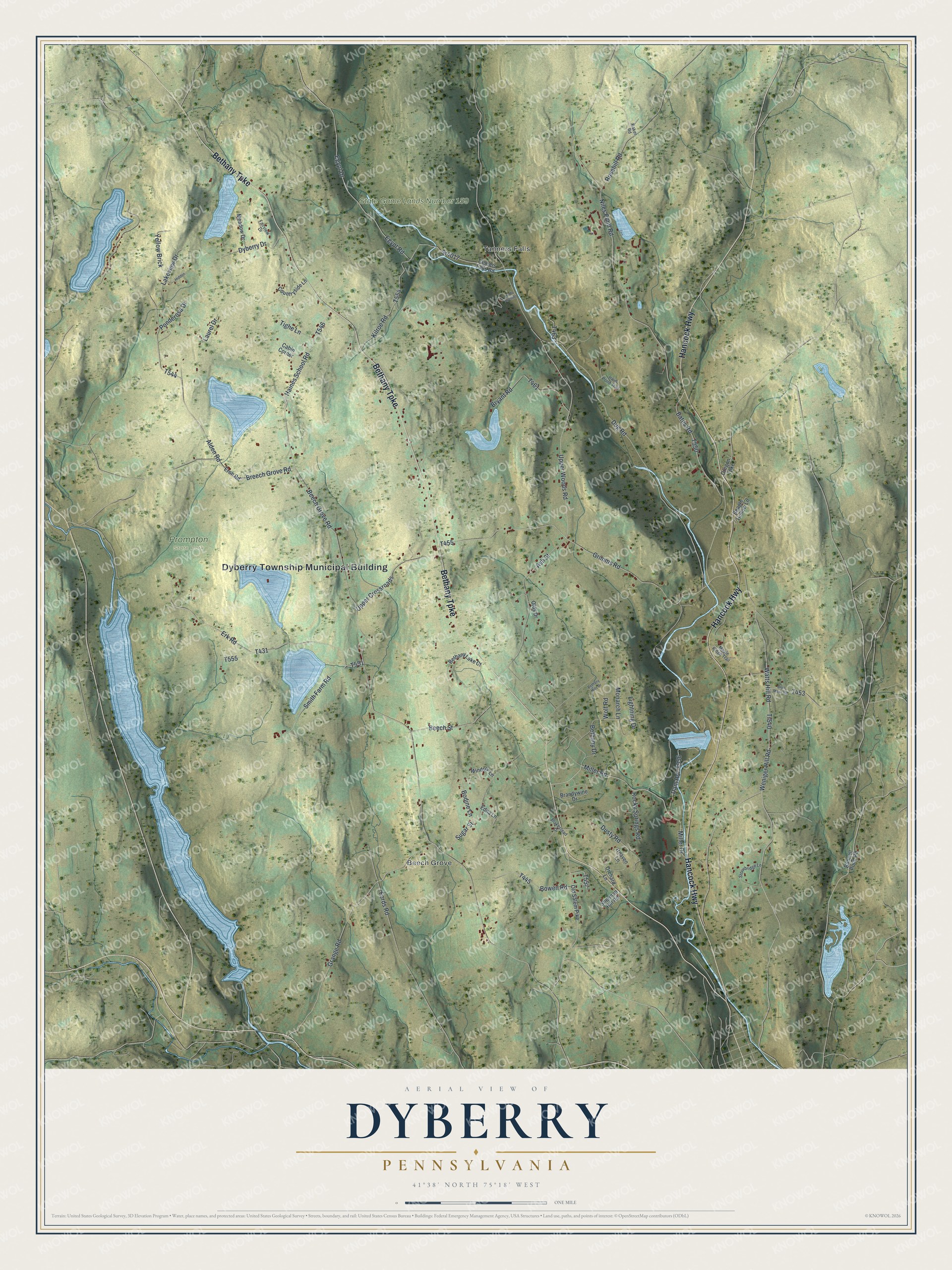 Full map of Dyberry, Pennsylvania, with red buildings, printed street names and the land around them