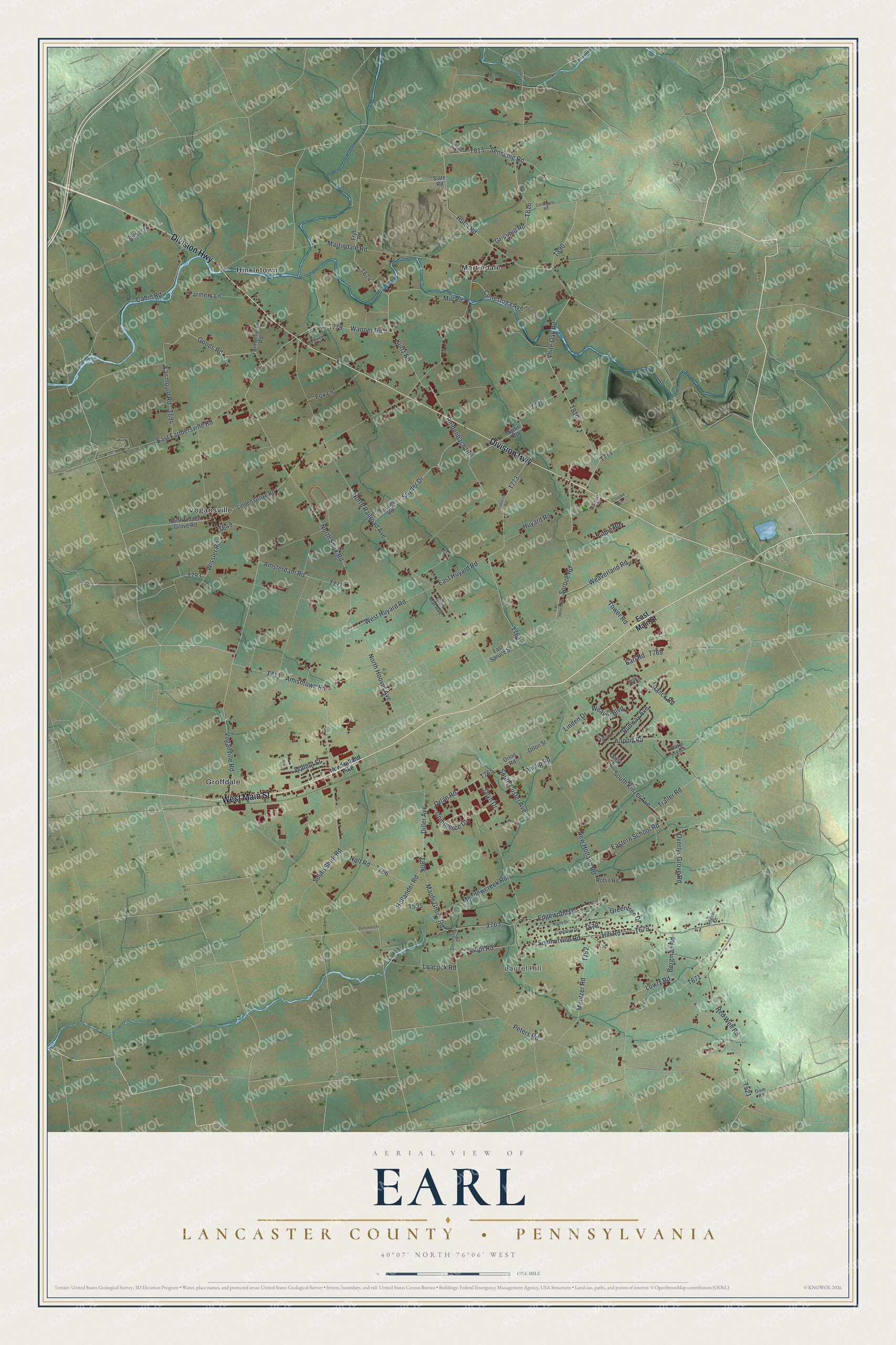 Full map of Earl, Lancaster County, Pennsylvania, with red buildings, printed street names and the land around them