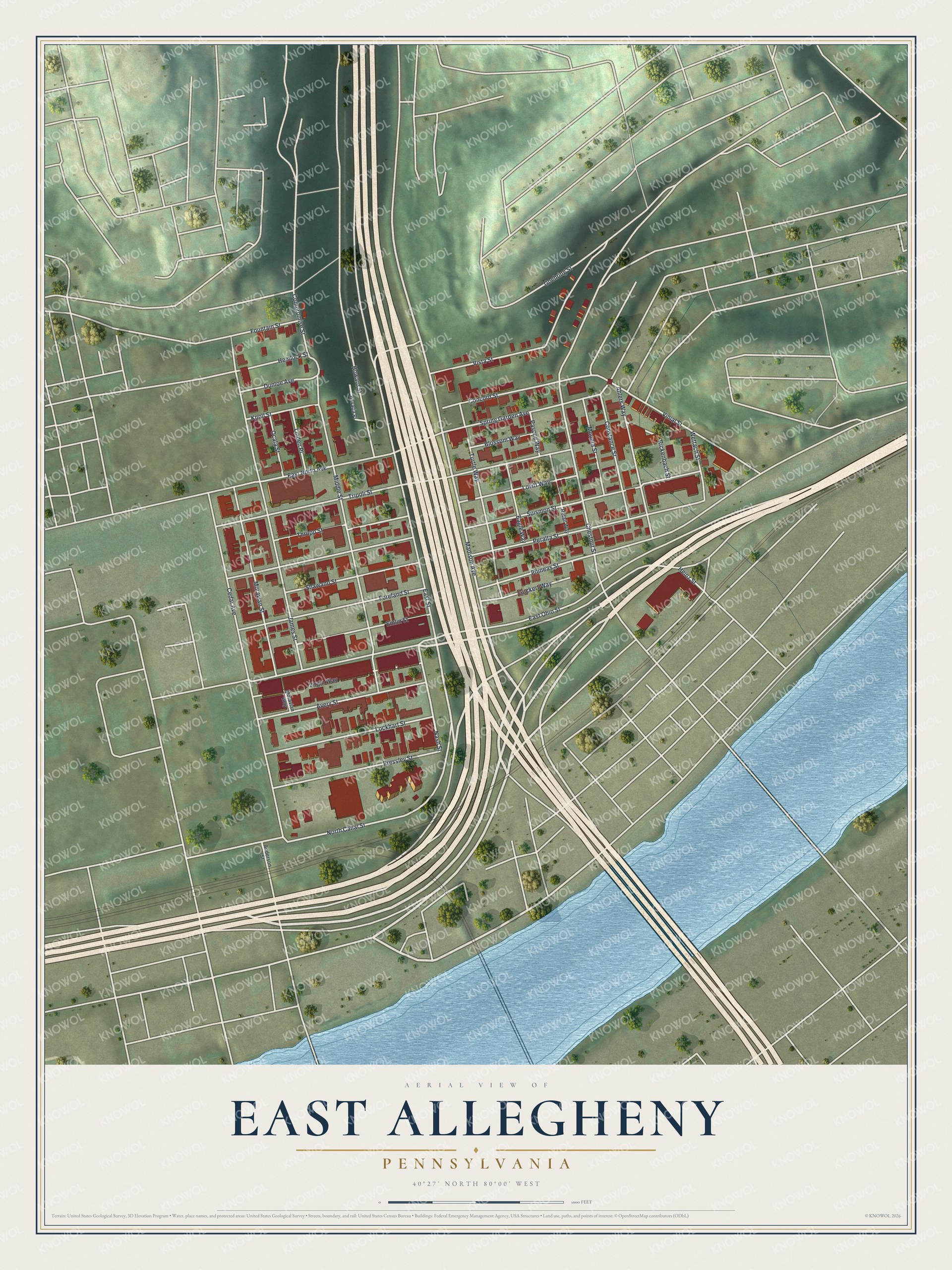 Aerial map of East Allegheny in Pittsburgh with red buildings on both sides of a wide highway, green hills above and a blue river below