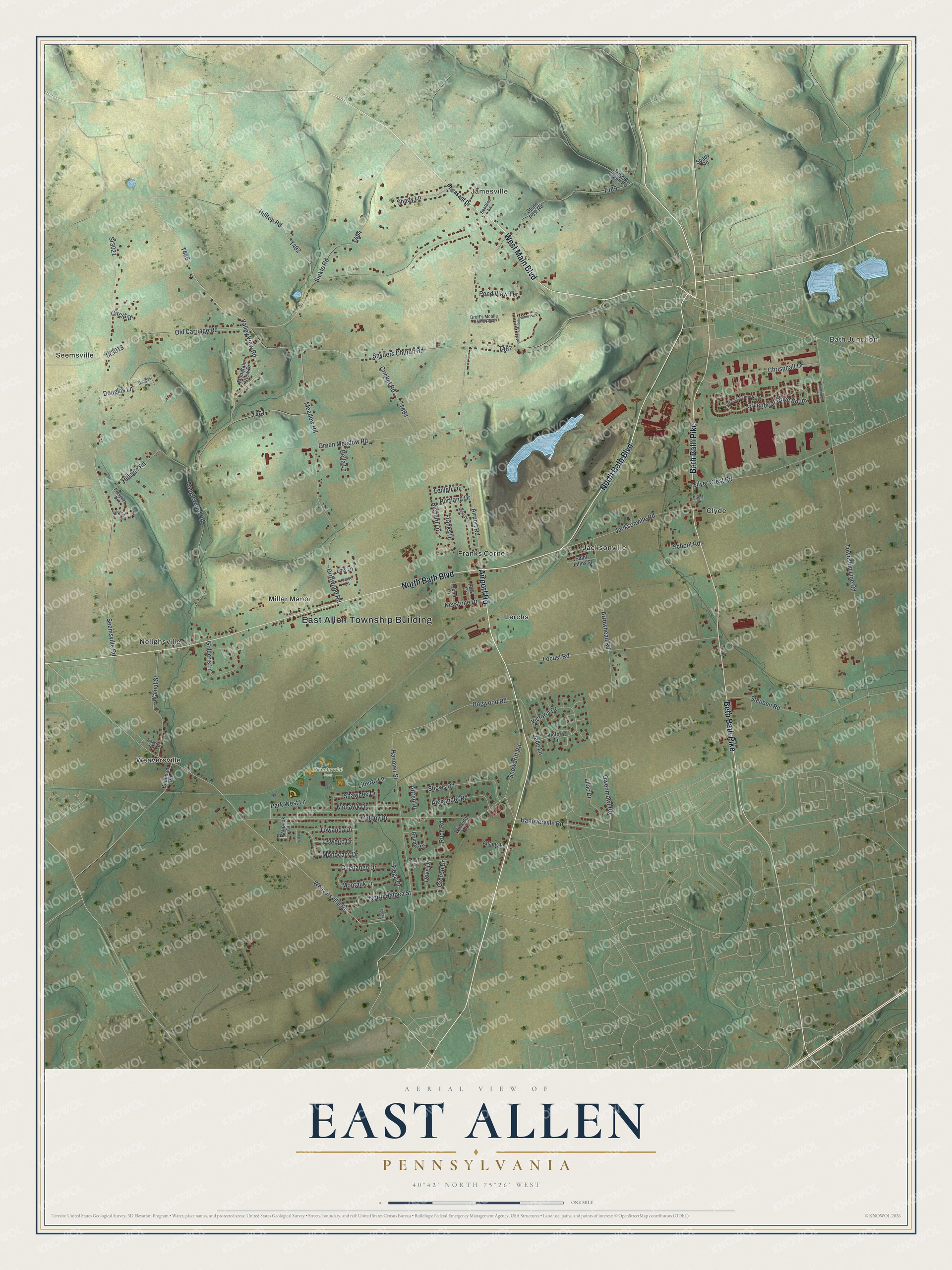 Full map of East Allen, Pennsylvania, with red buildings, printed street names and the land around them
