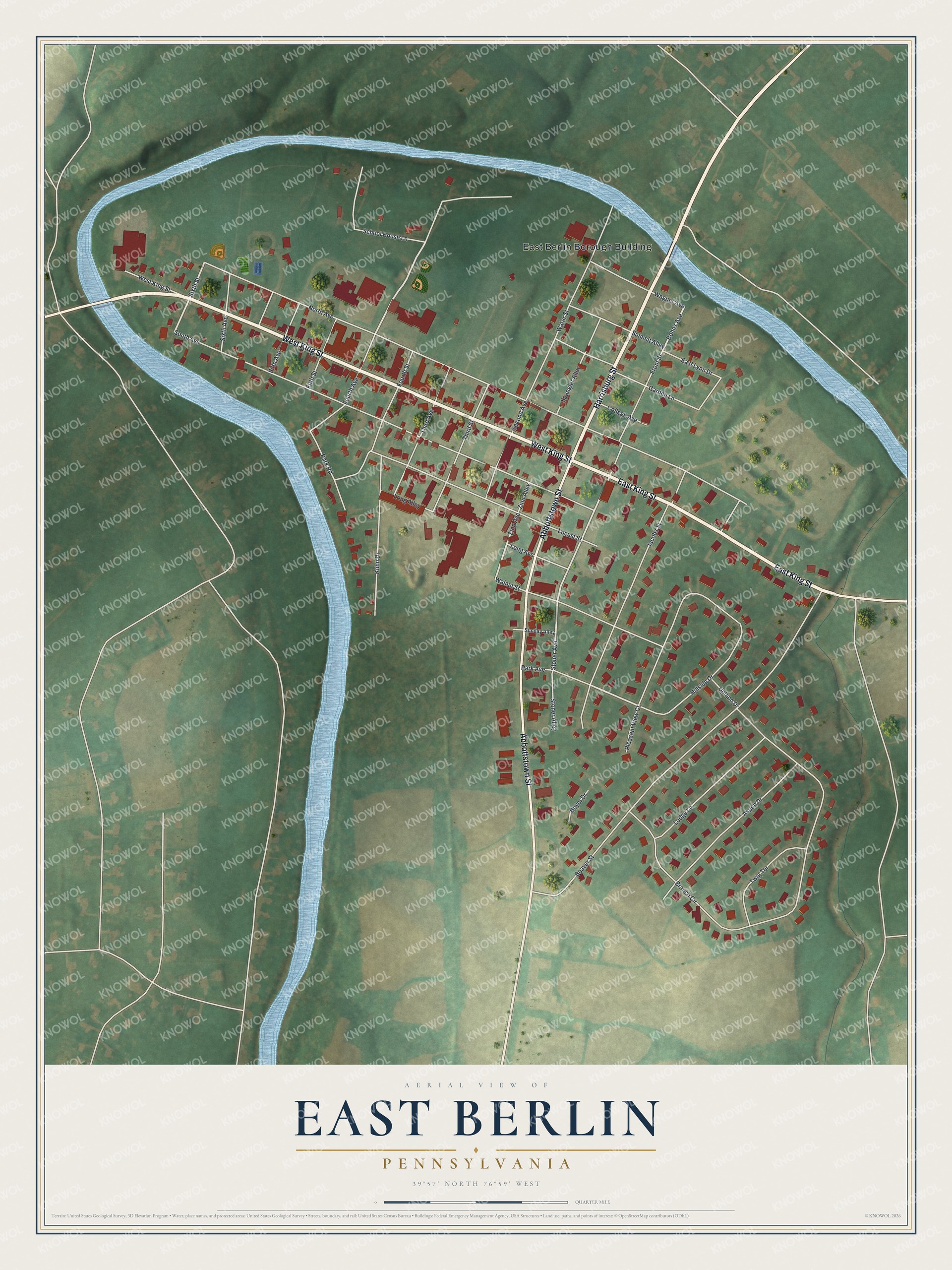 Full map of East Berlin, Pennsylvania, with red buildings, printed street names and the land around them