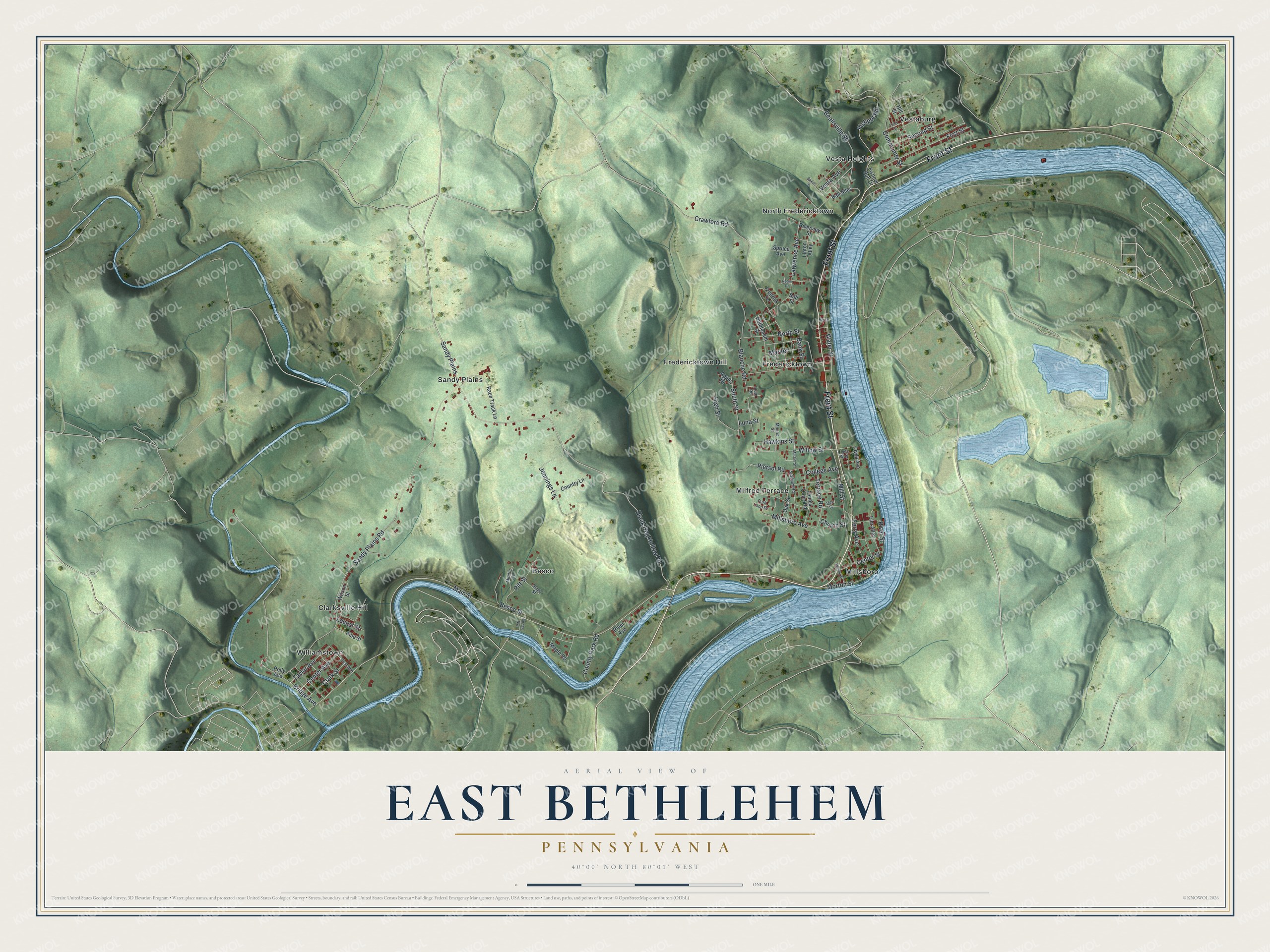 Full map of East Bethlehem, Pennsylvania, with red buildings, printed street names and the land around them