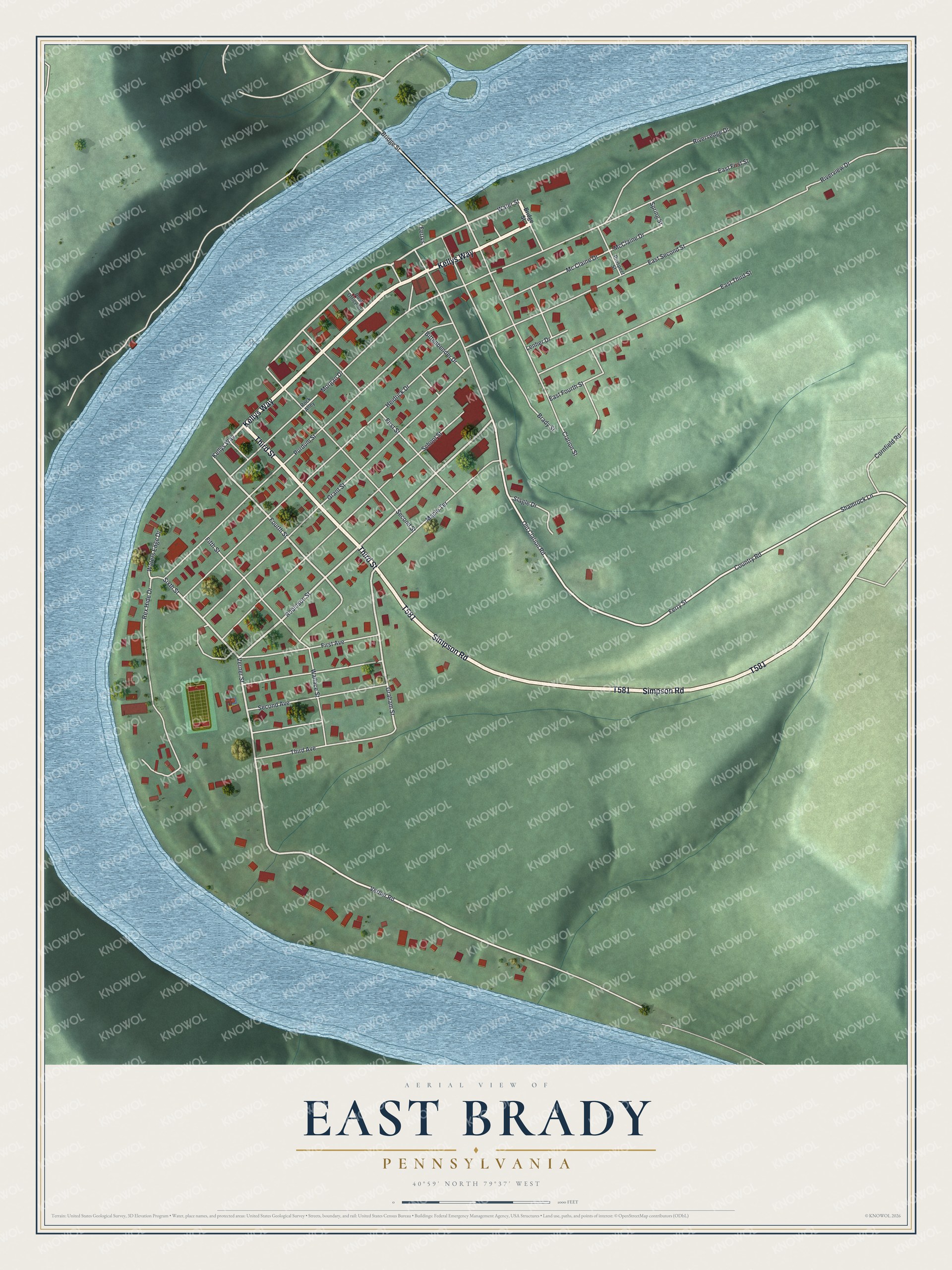 Full map of East Brady, Pennsylvania, with red buildings, printed street names and the land around them