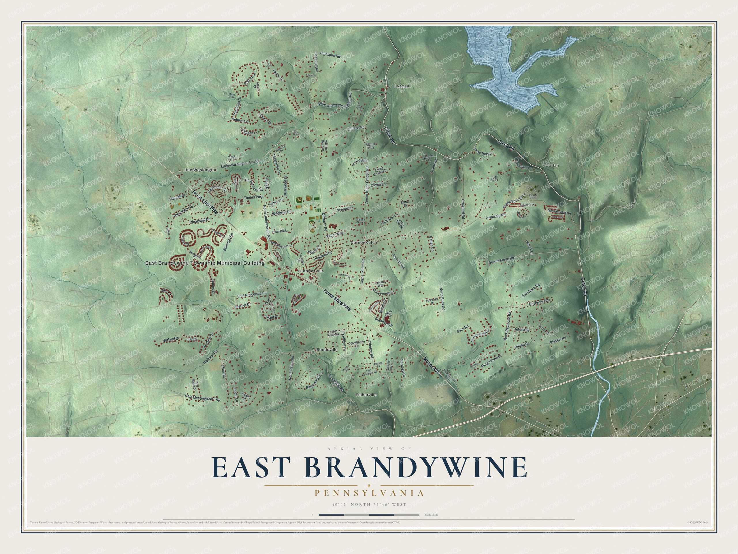 Full map of East Brandywine, Pennsylvania, with red buildings, printed street names and the land around them