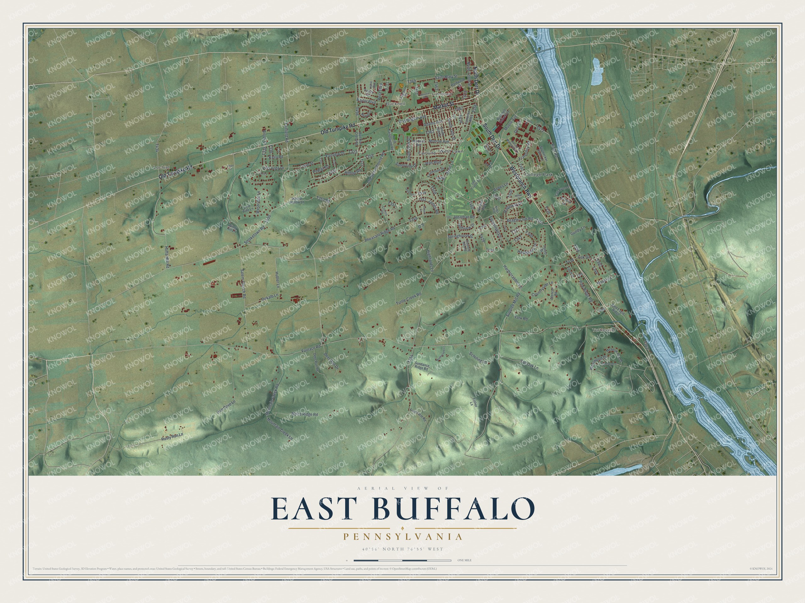 Full map of East Buffalo, Pennsylvania, with red buildings, printed street names and the land around them