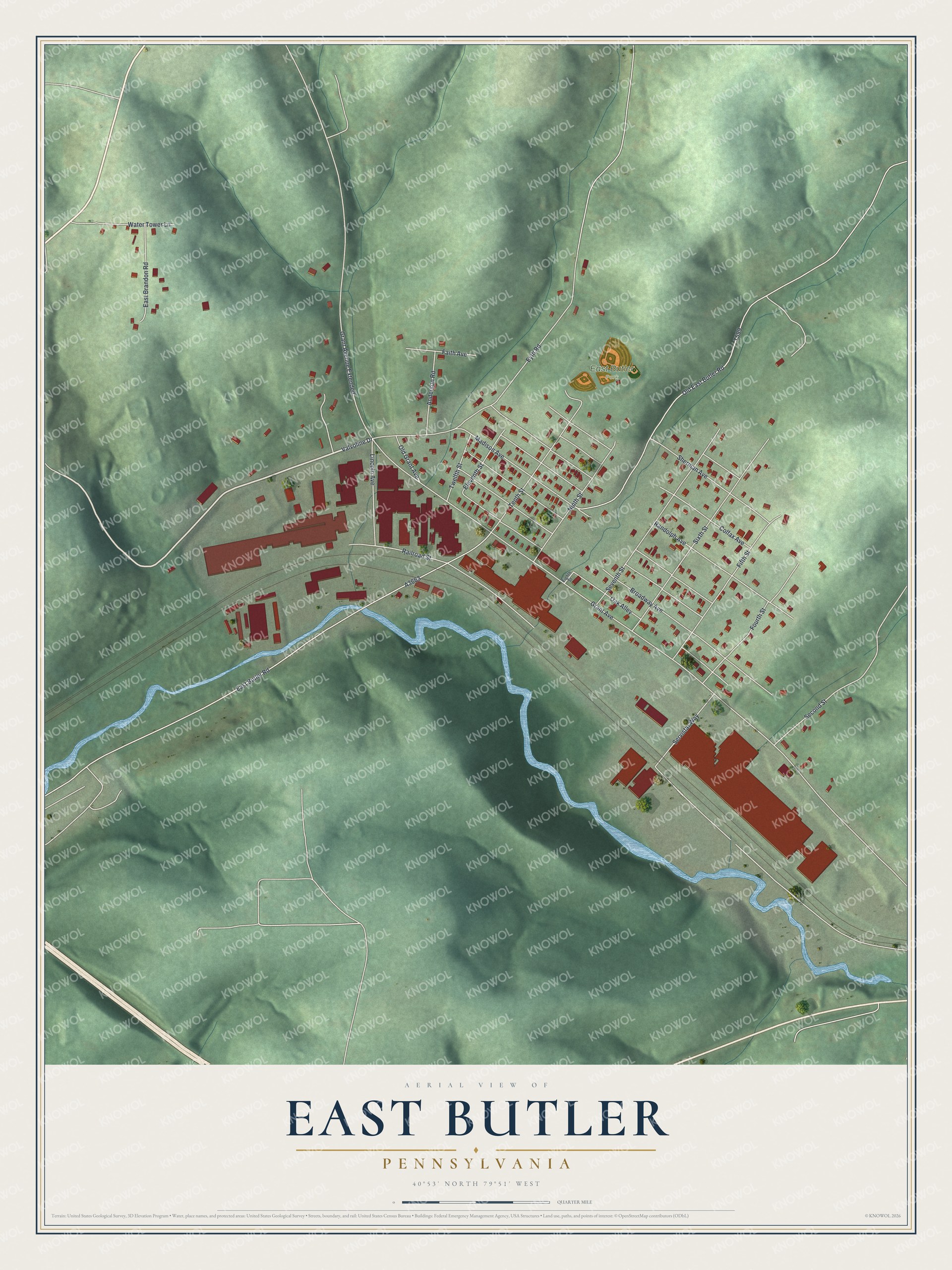 Full map of East Butler, Pennsylvania, with red buildings, printed street names and the land around them