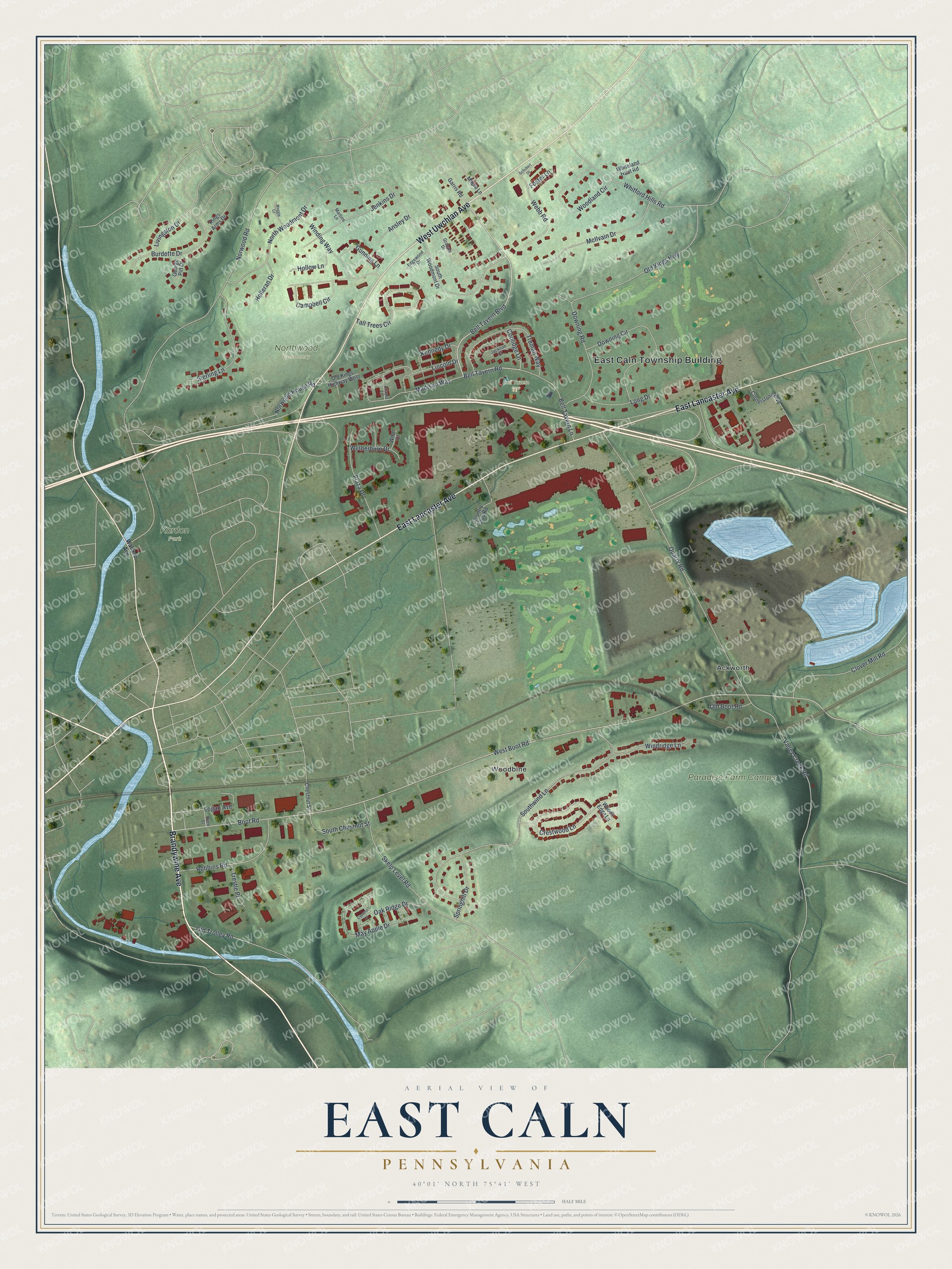Full map of East Caln, Pennsylvania, with red buildings, printed street names and the land around them