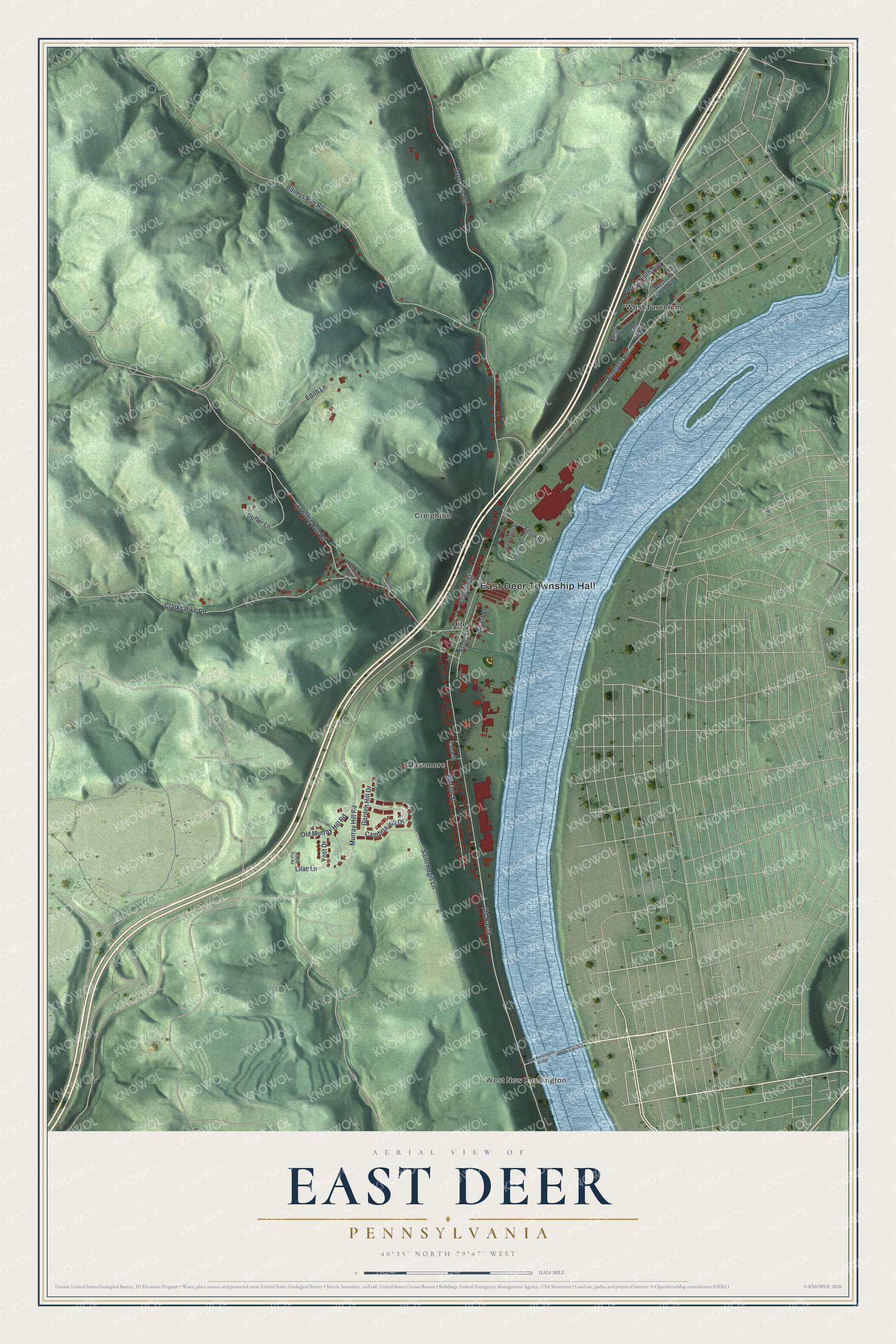 Full map of East Deer, Pennsylvania, with red buildings, printed street names and the land around them