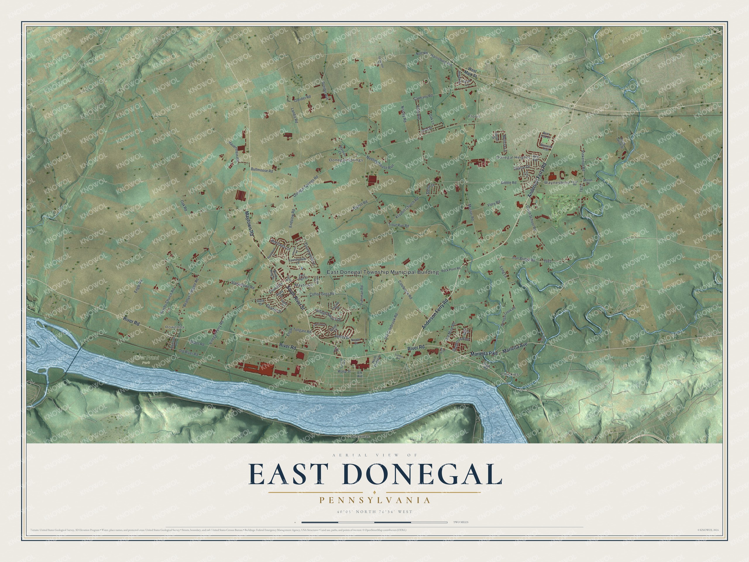 Full map of East Donegal, Pennsylvania, with red buildings, printed street names and the land around them