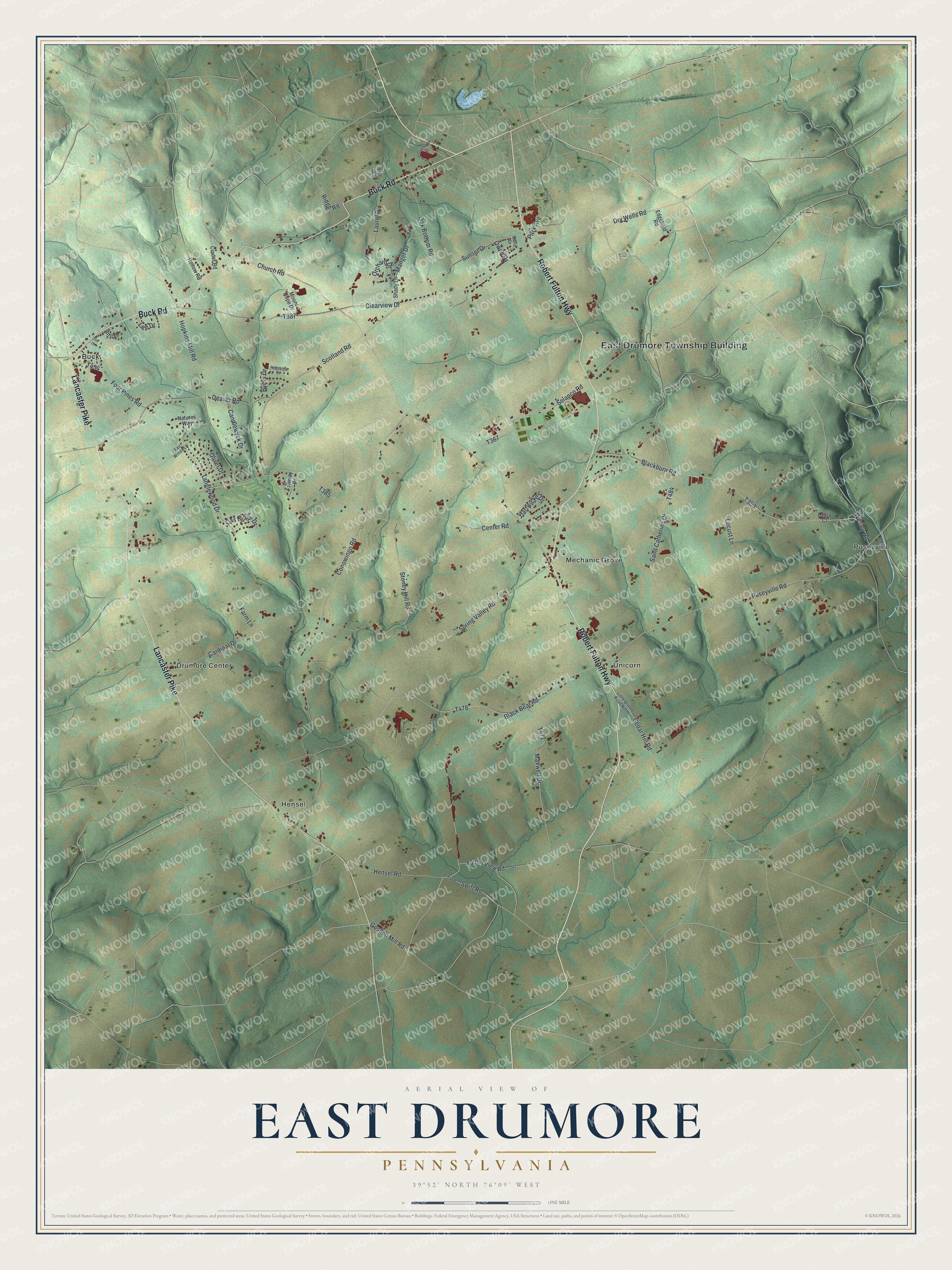 Full map of East Drumore, Pennsylvania, with red buildings, printed street names and the land around them