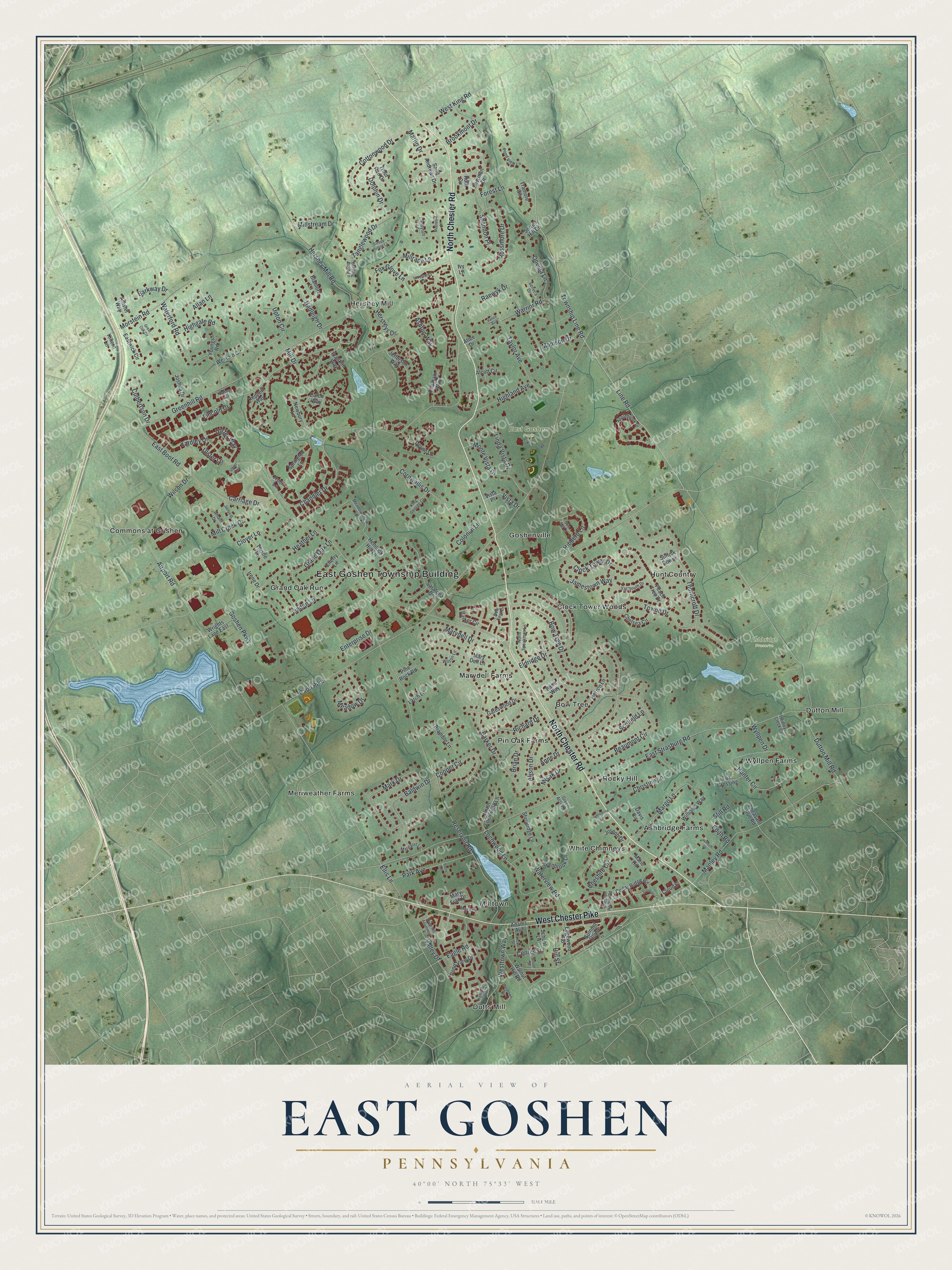 Full map of East Goshen, Pennsylvania, with red buildings, printed street names and the land around them