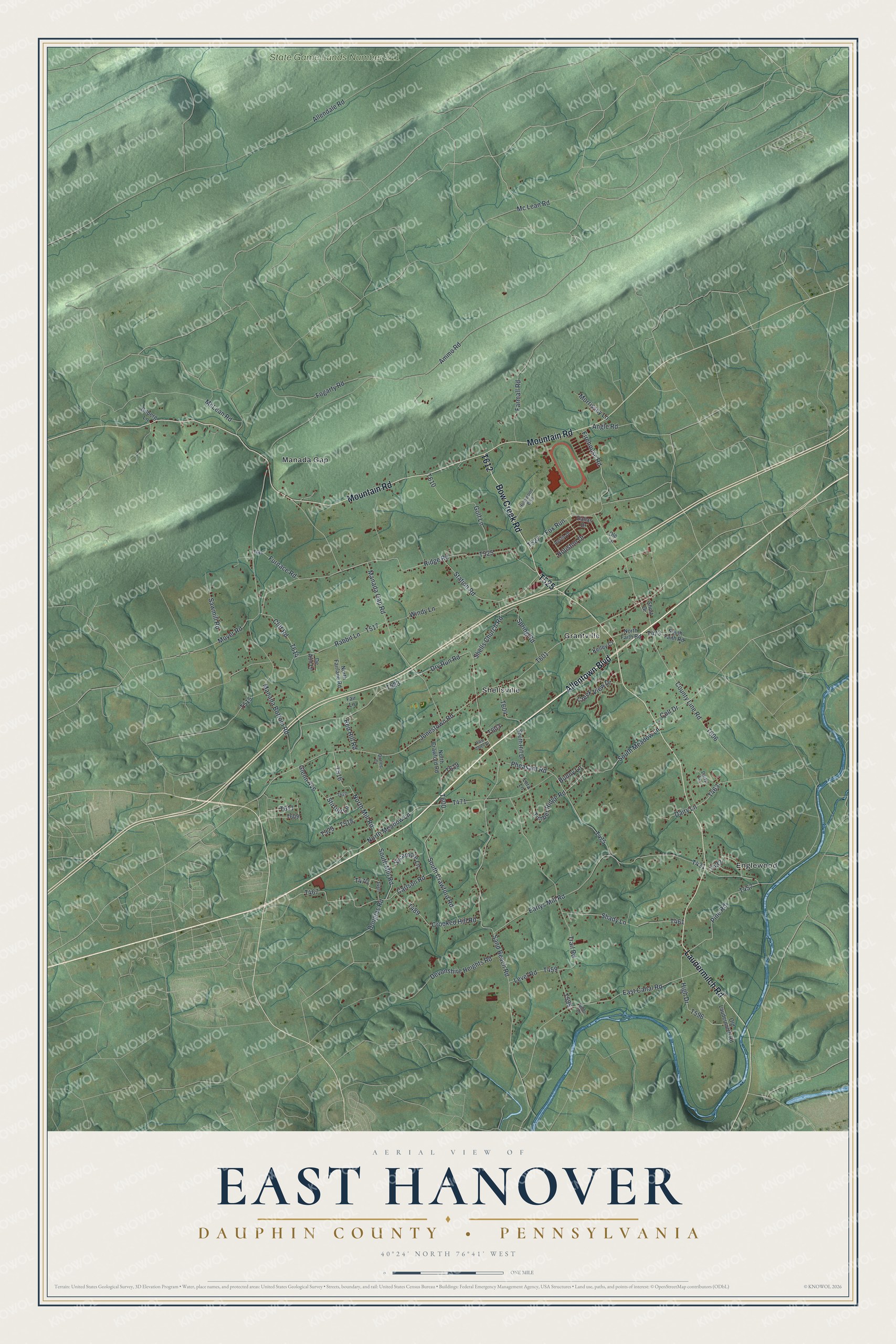 Full map of East Hanover, Dauphin County, Pennsylvania, with red buildings, printed street names and the land around them