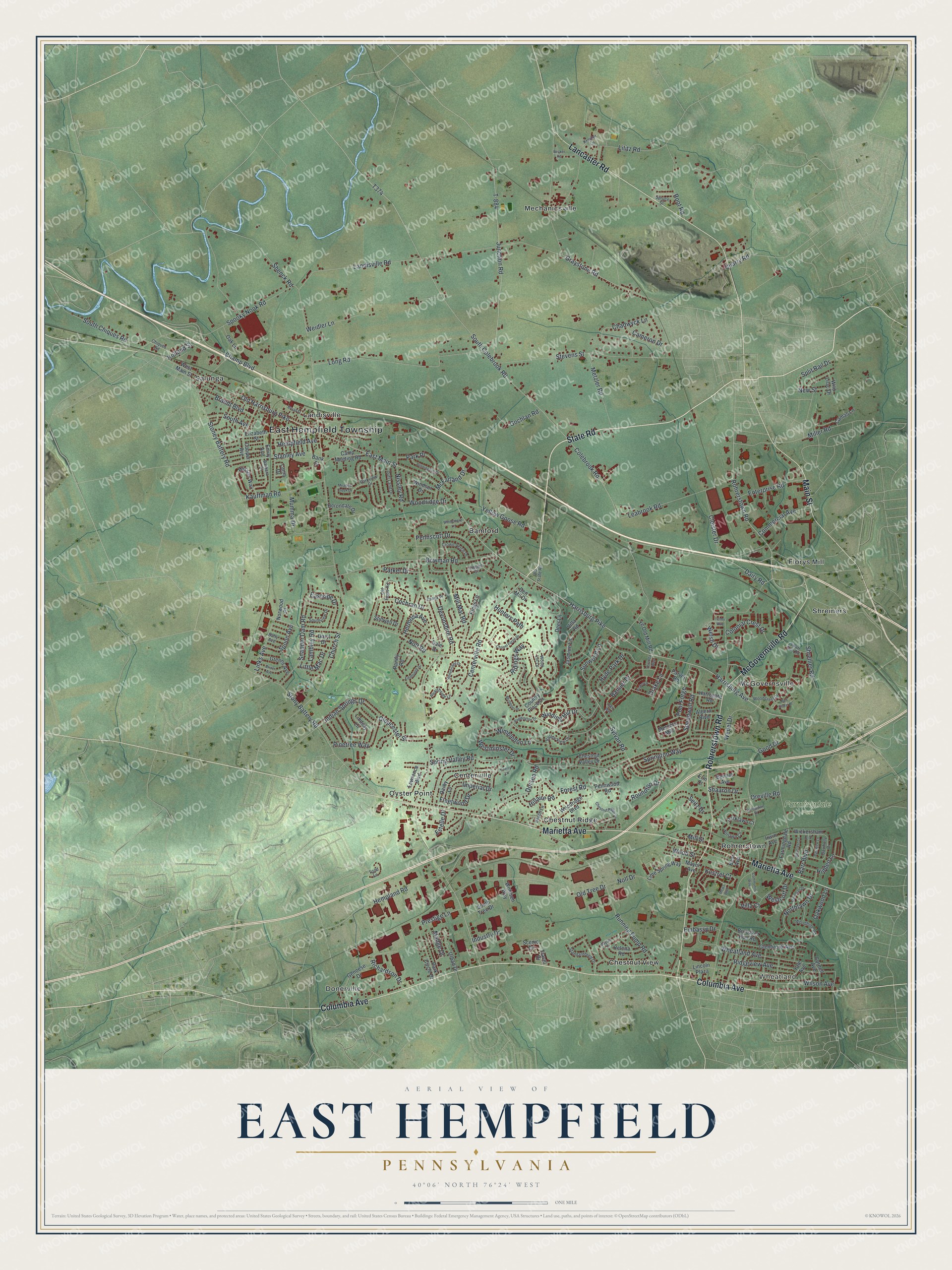 Full map of East Hempfield, Pennsylvania, with red buildings, printed street names and the land around them