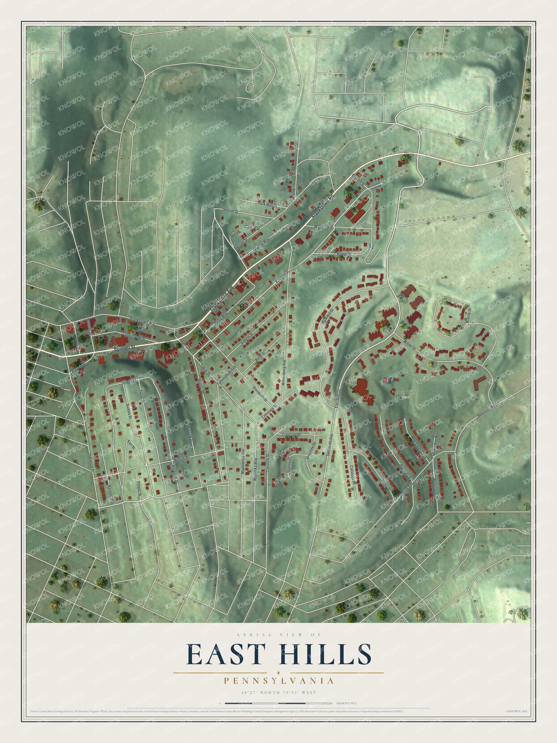 Full map of East Hills, Pennsylvania, with red buildings, printed street names and the land around them