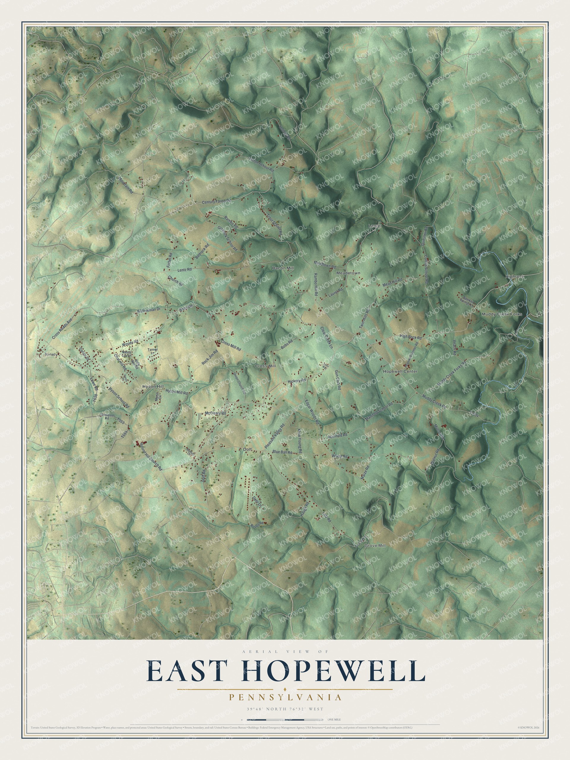 Full map of East Hopewell, Pennsylvania, with red buildings, printed street names and the land around them