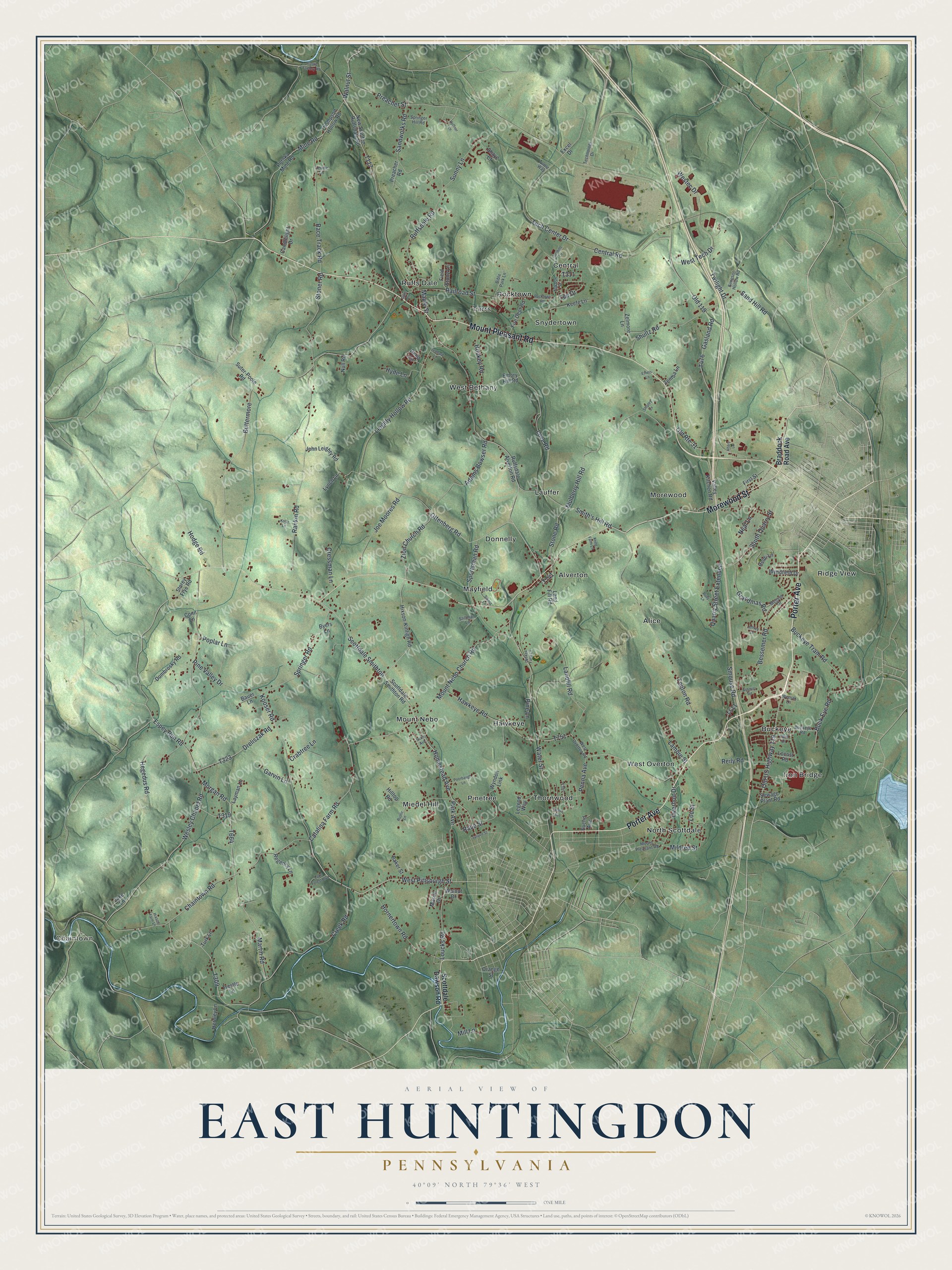 Full map of East Huntingdon, Pennsylvania, with red buildings, printed street names and the land around them