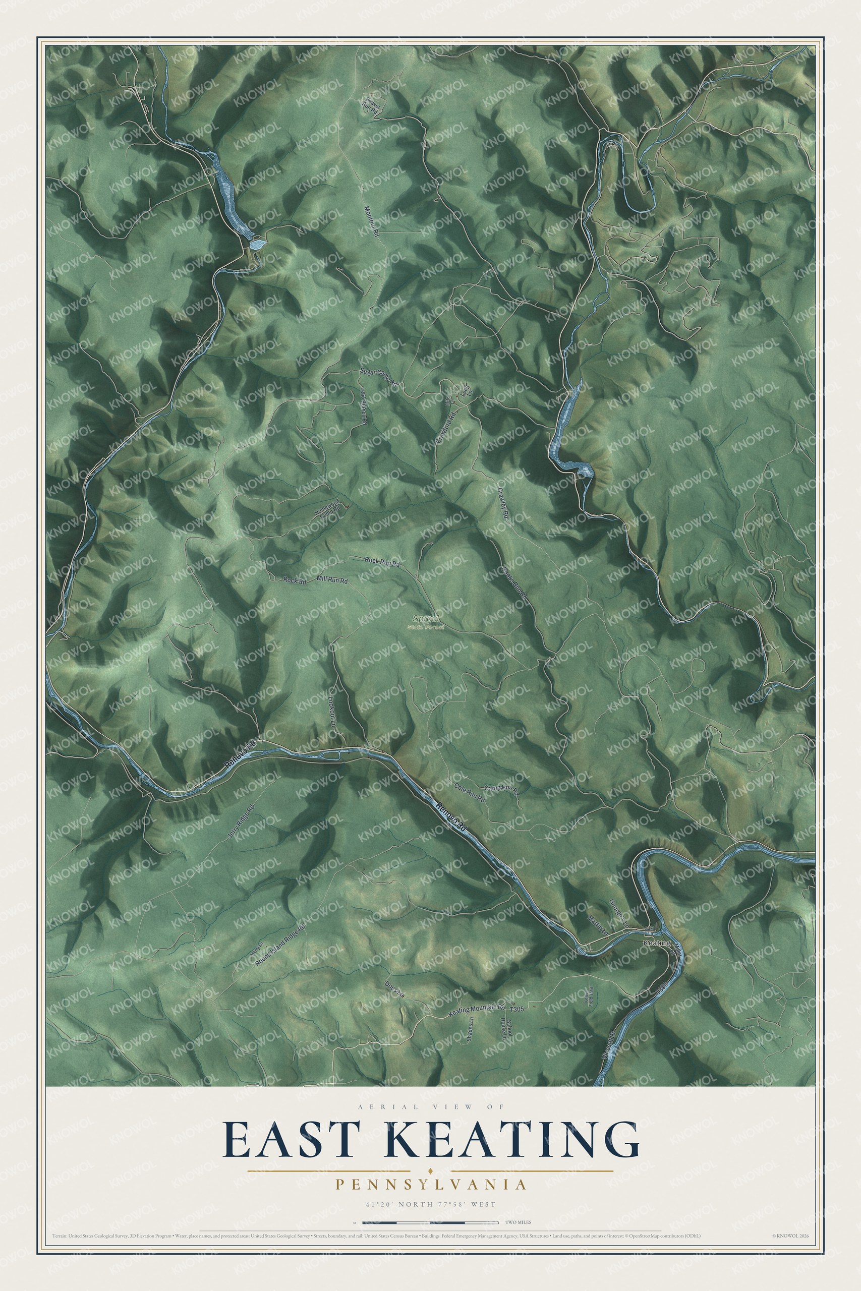 Full map of East Keating, Pennsylvania, with red buildings, printed street names and the land around them