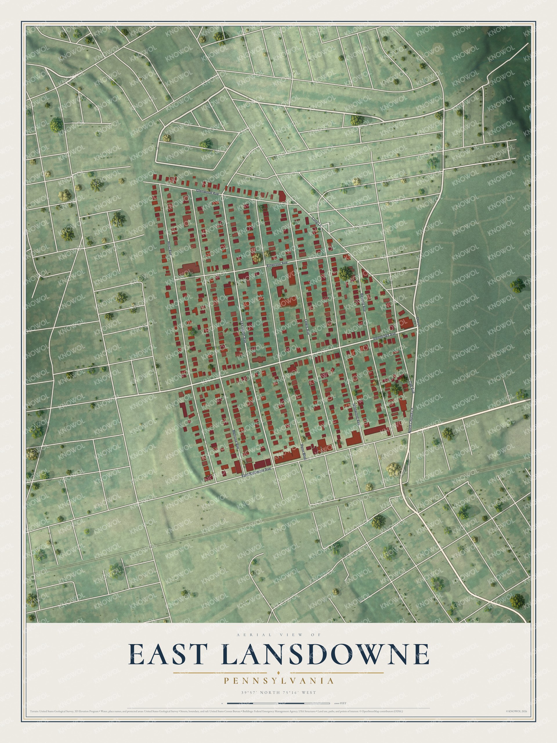 Aerial map of East Lansdowne, Pennsylvania, with the borough's homes in red on a green background and a title panel below