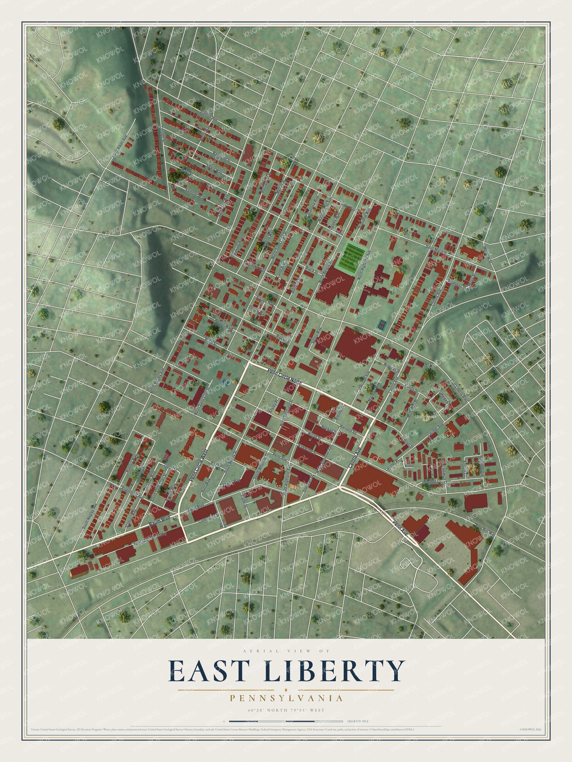 Full map of East Liberty, Pennsylvania, with red buildings, printed street names and the land around them