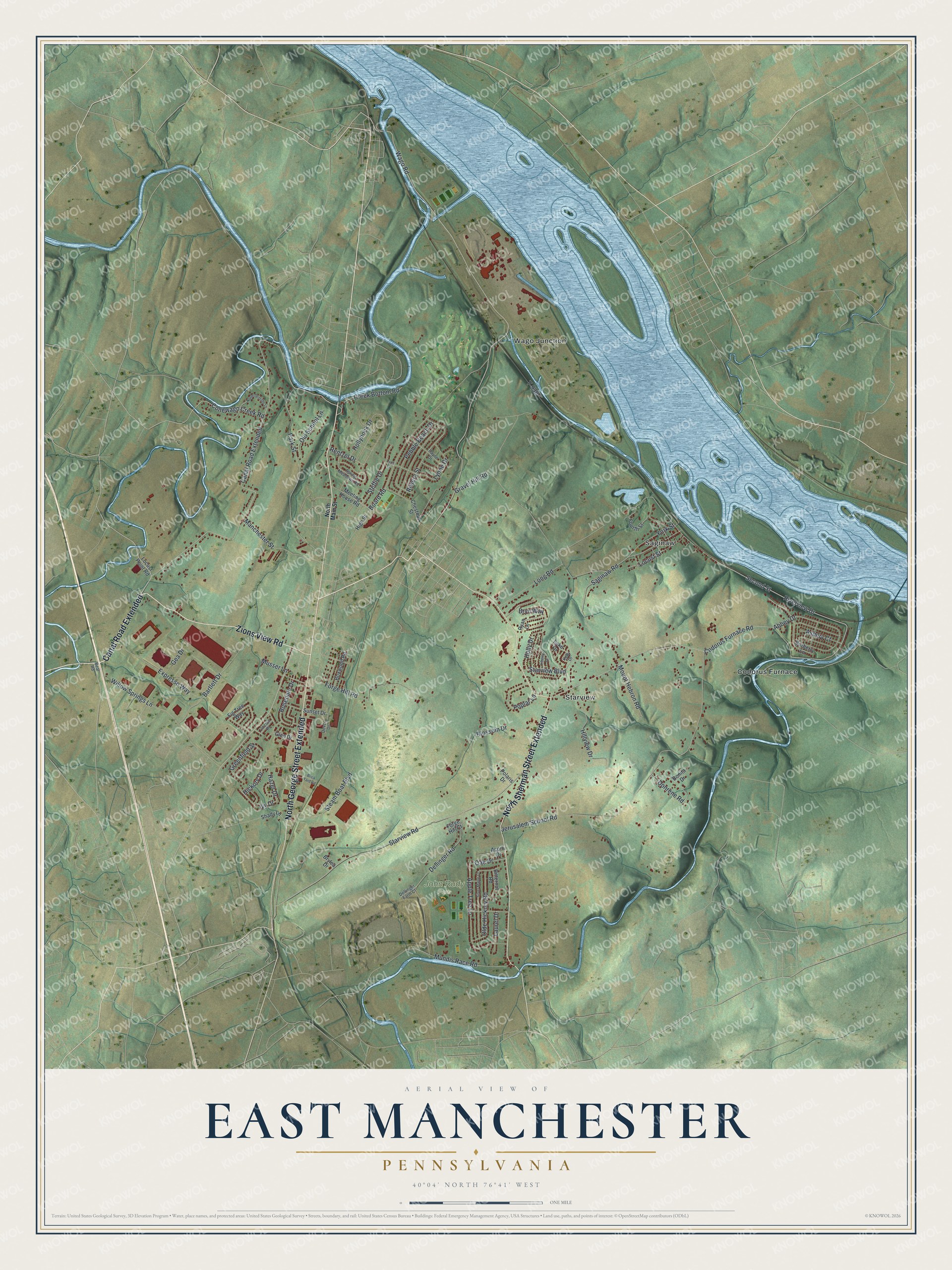 Full map of East Manchester, Pennsylvania, with red buildings, printed street names and the land around them
