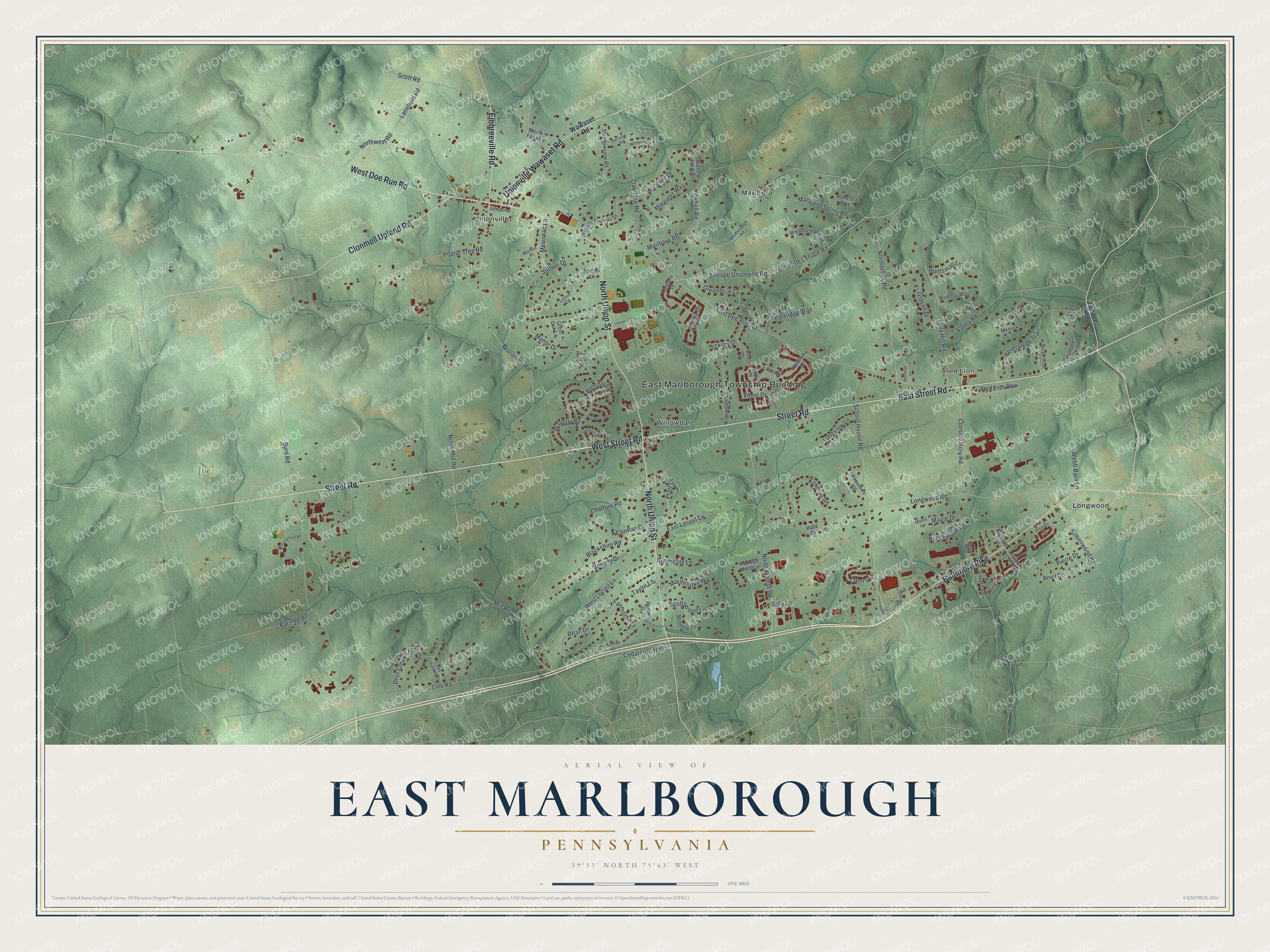 Full map of East Marlborough, Pennsylvania, with red buildings, printed street names and the land around them