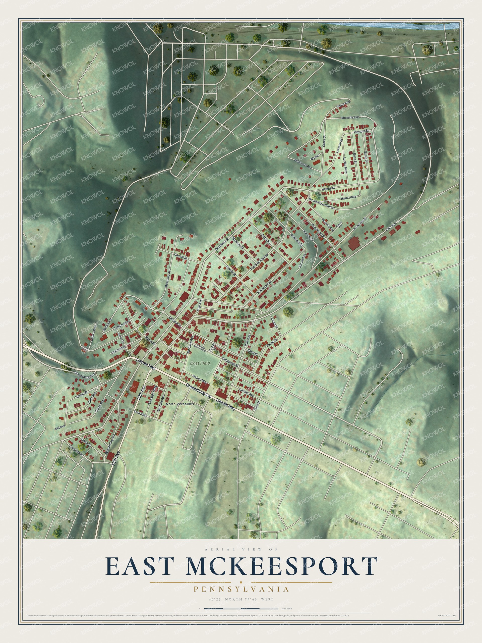 Full map of East McKeesport, Pennsylvania, with red buildings, printed street names and the land around them