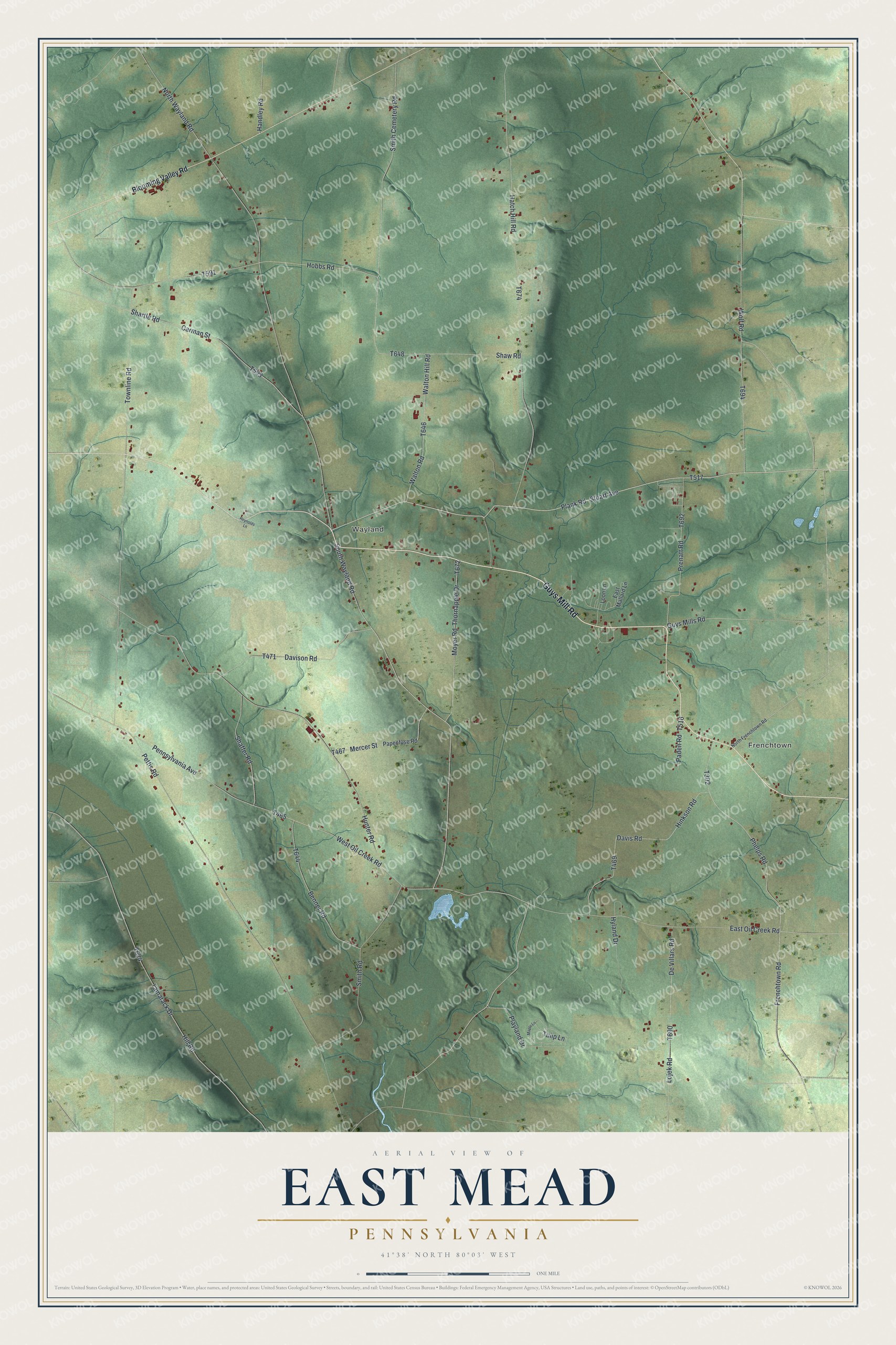 Full map of East Mead, Pennsylvania, with red buildings, printed street names and the land around them