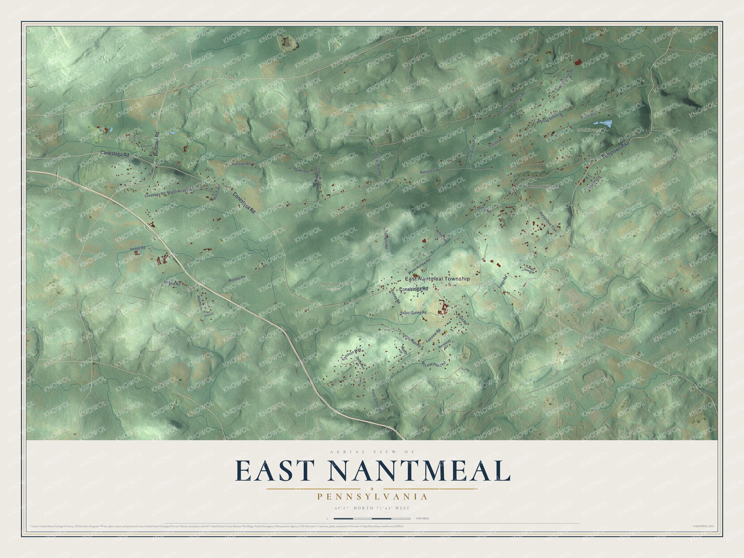 Full map of East Nantmeal, Pennsylvania, with red buildings, printed street names and the land around them