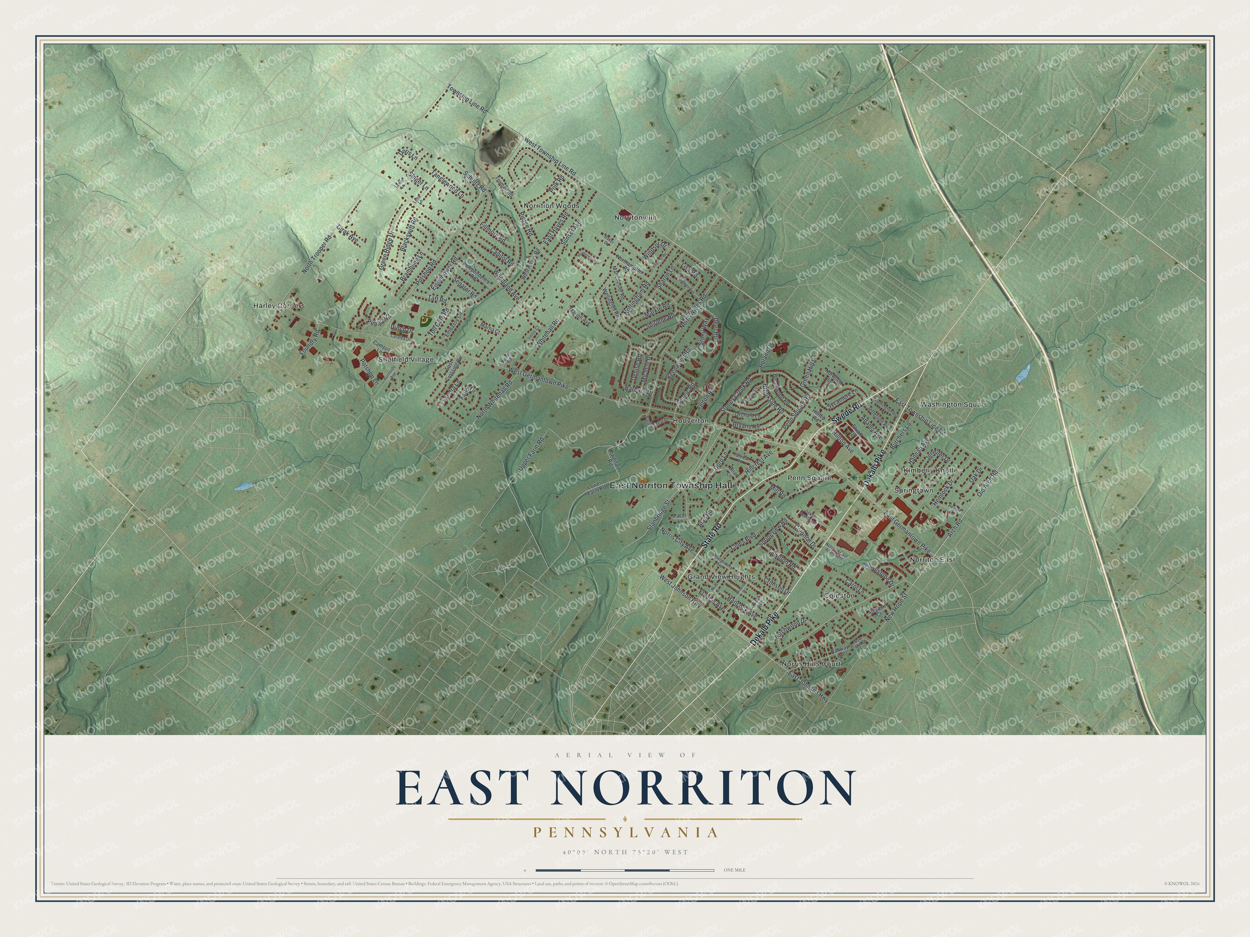Full map of East Norriton, Pennsylvania, with red buildings, printed street names and the land around them