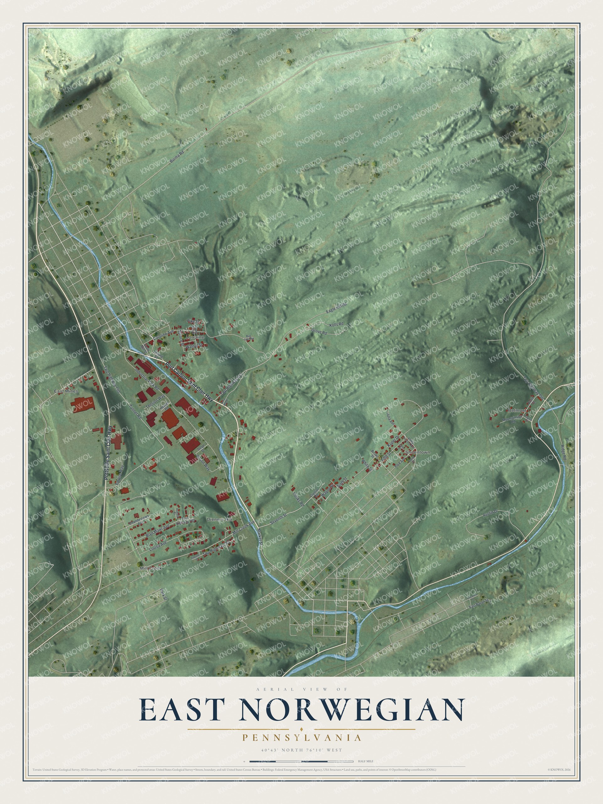 Full map of East Norwegian, Pennsylvania, with red buildings, printed street names and the land around them