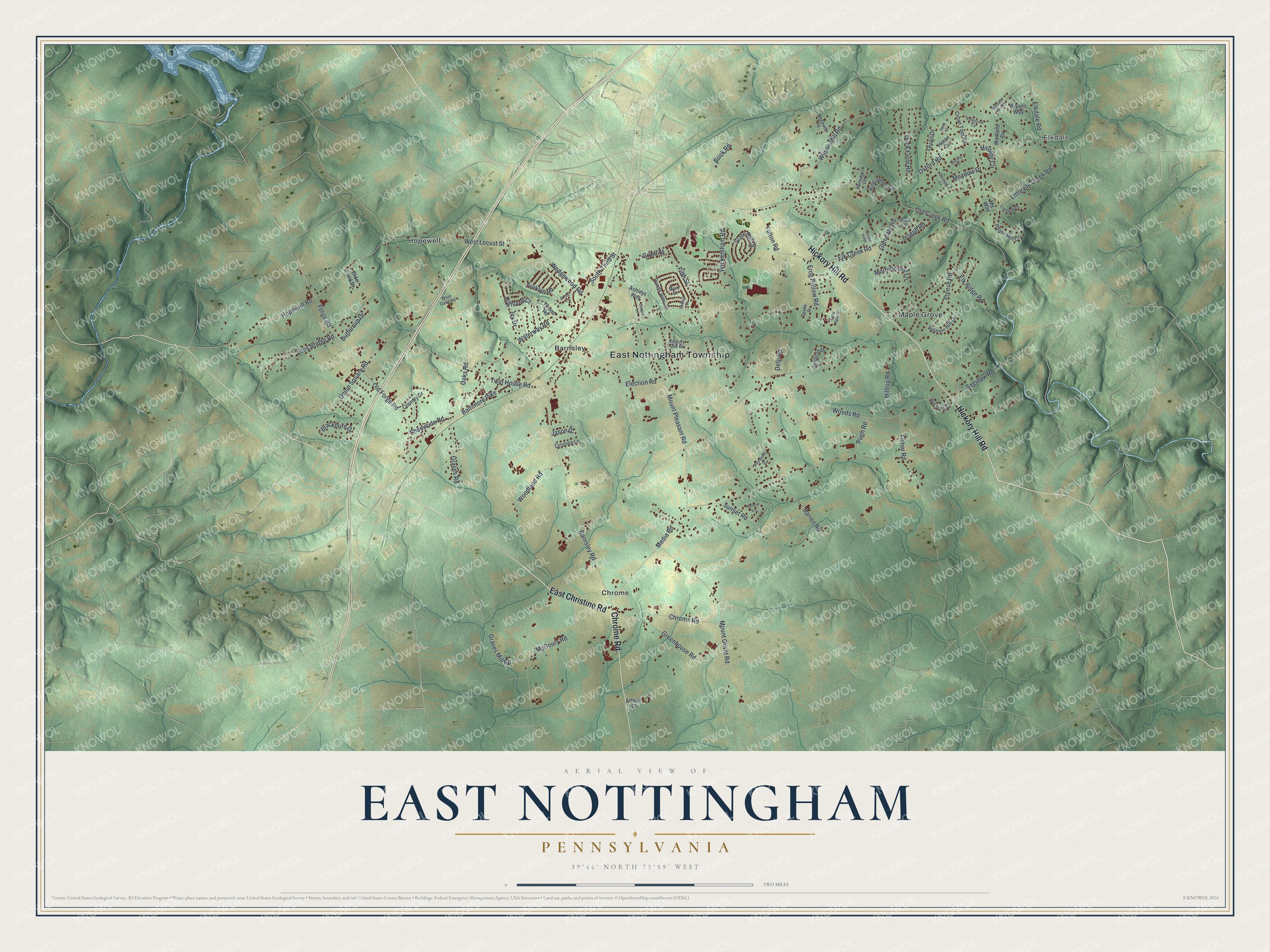 Full map of East Nottingham, Pennsylvania, with red buildings, printed street names and the land around them