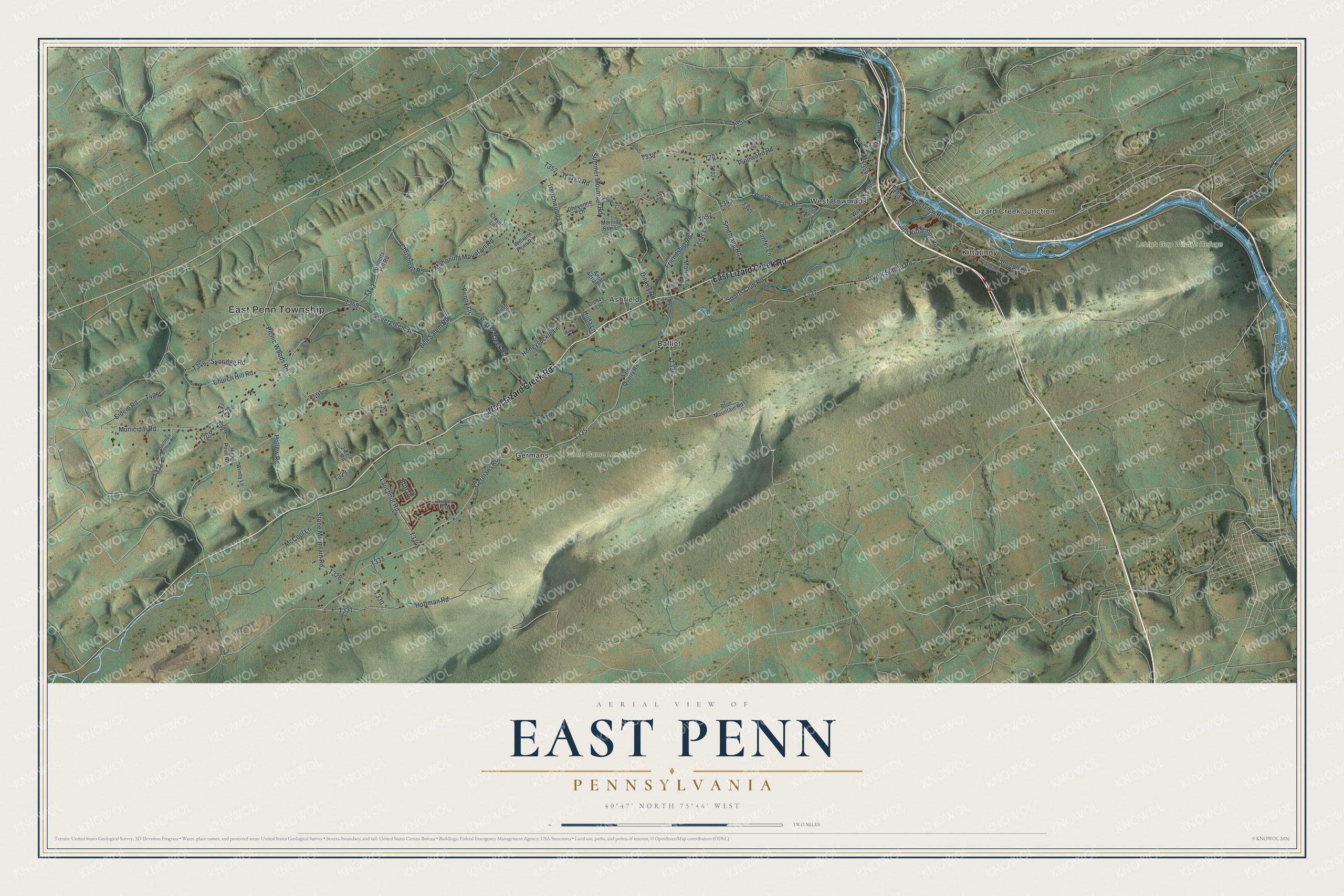 Full map of East Penn, Pennsylvania, with red buildings, printed street names and the land around them