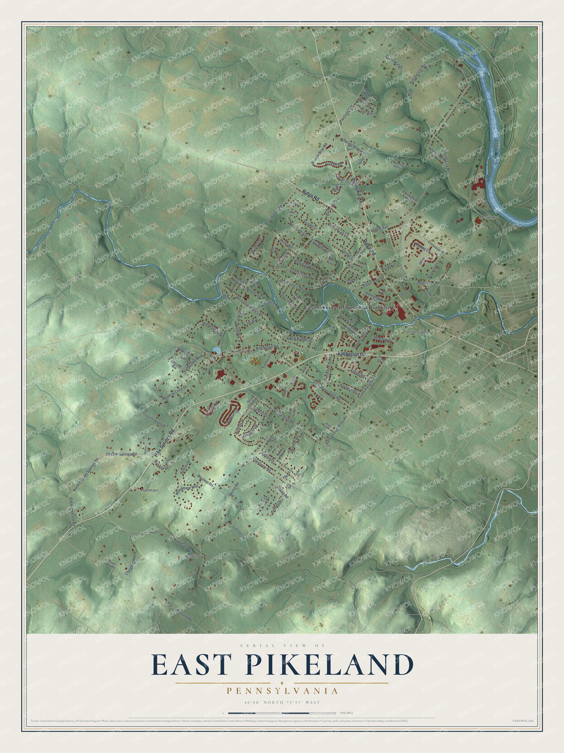 Full map of East Pikeland, Pennsylvania, with red buildings, printed street names and the land around them