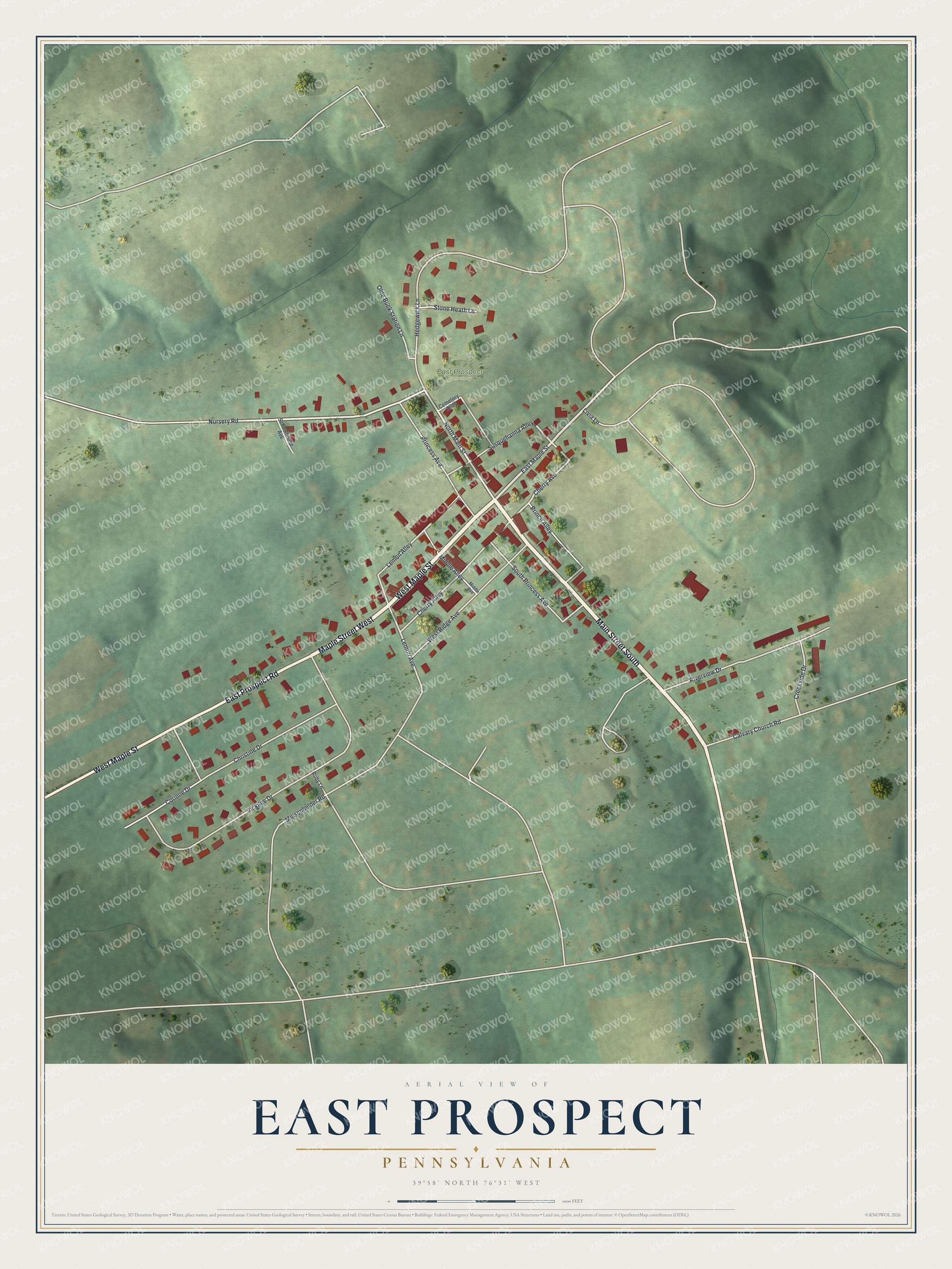 Full map of East Prospect, Pennsylvania, with red buildings, printed street names and the land around them