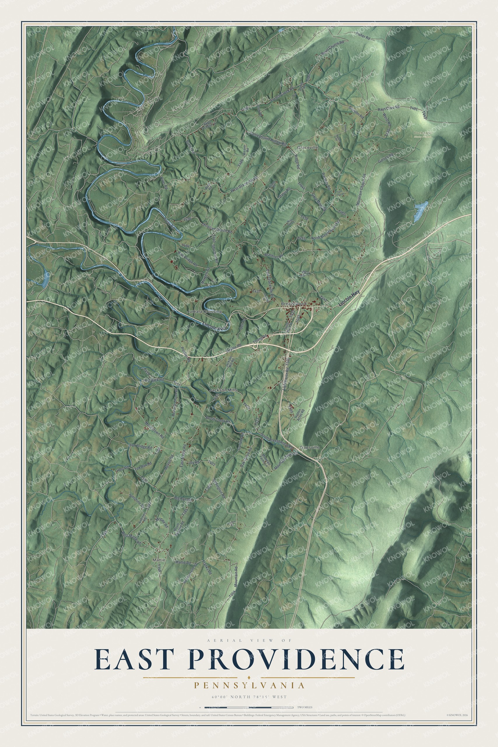 Full map of East Providence, Pennsylvania, with red buildings, printed street names and the land around them