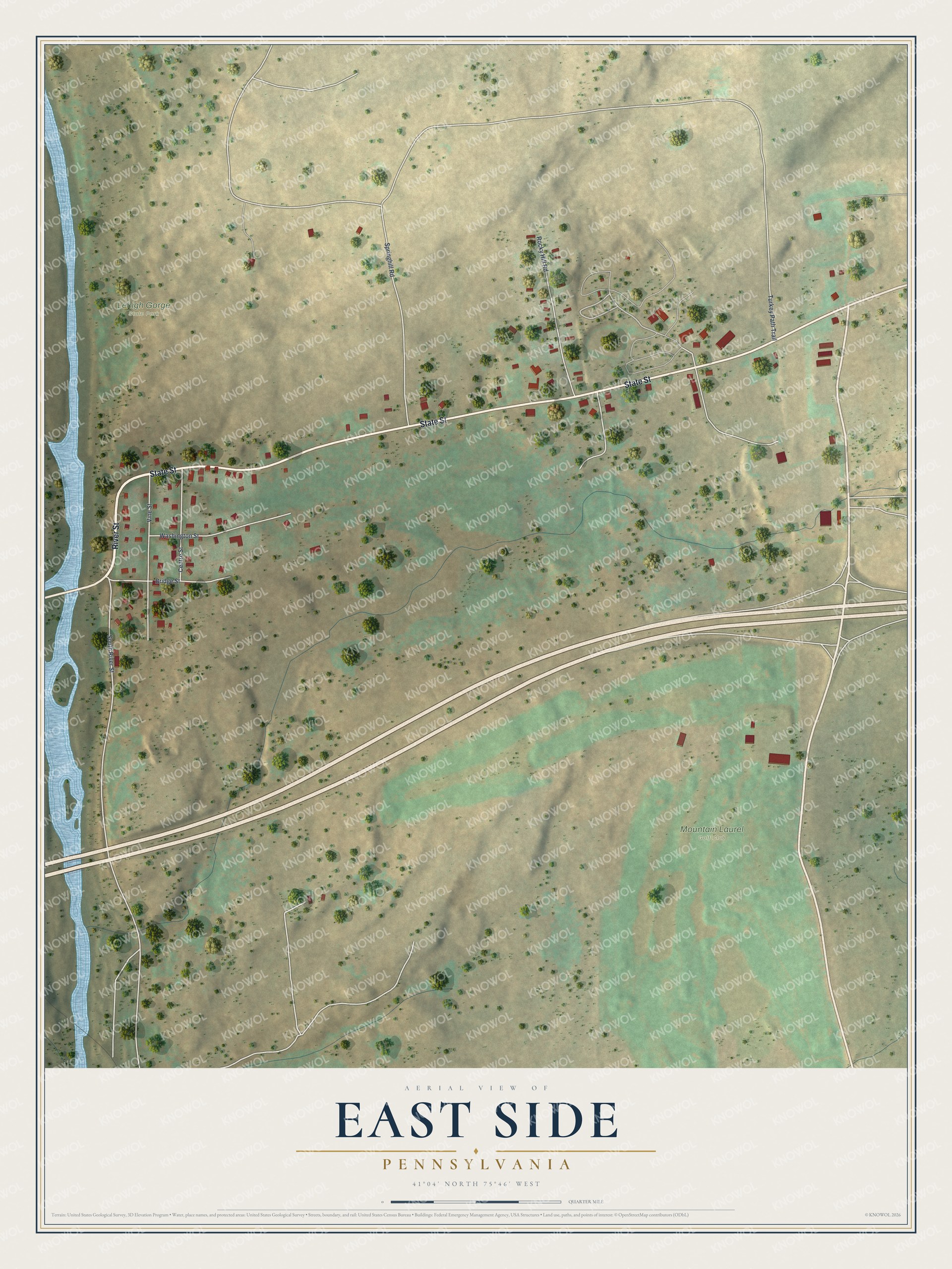 Full map of East Side, Pennsylvania, with red buildings, printed street names and the land around them