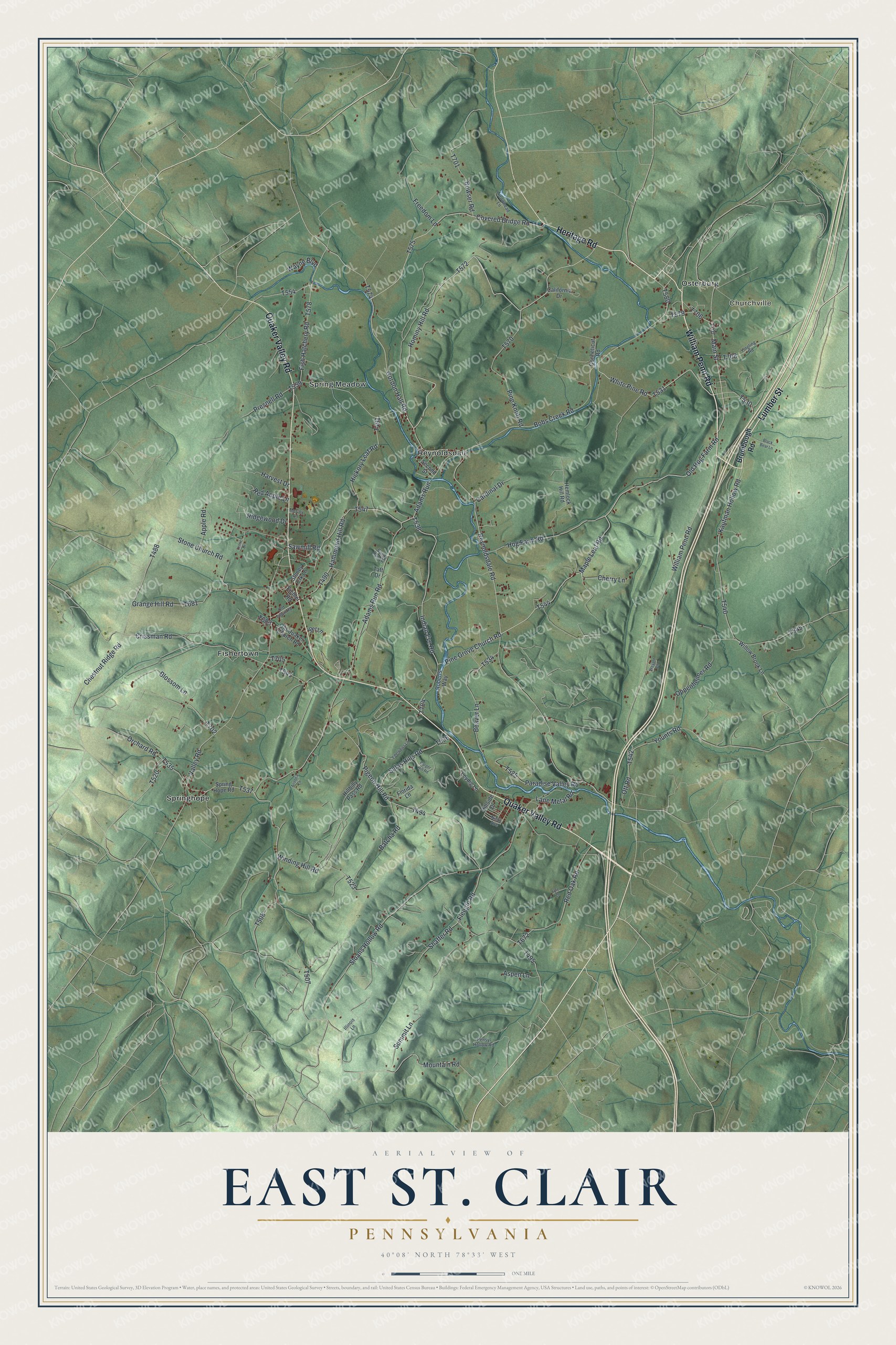 Full map of East St. Clair, Pennsylvania, with red buildings, printed street names and the land around them